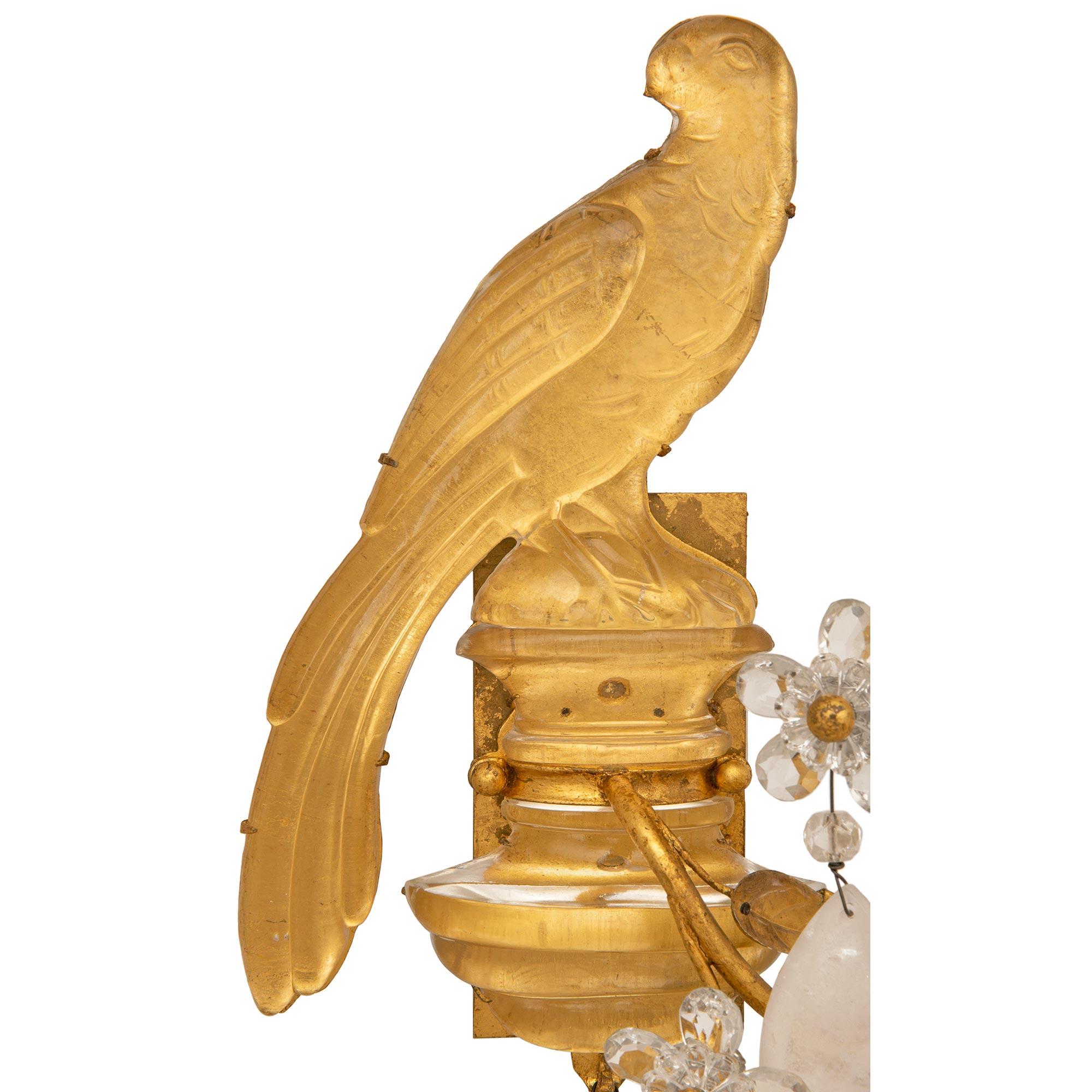 20th Century True Pair Of French 20th c. Louis XVI St. Rock Crystal And Gilt Metal Sconces For Sale