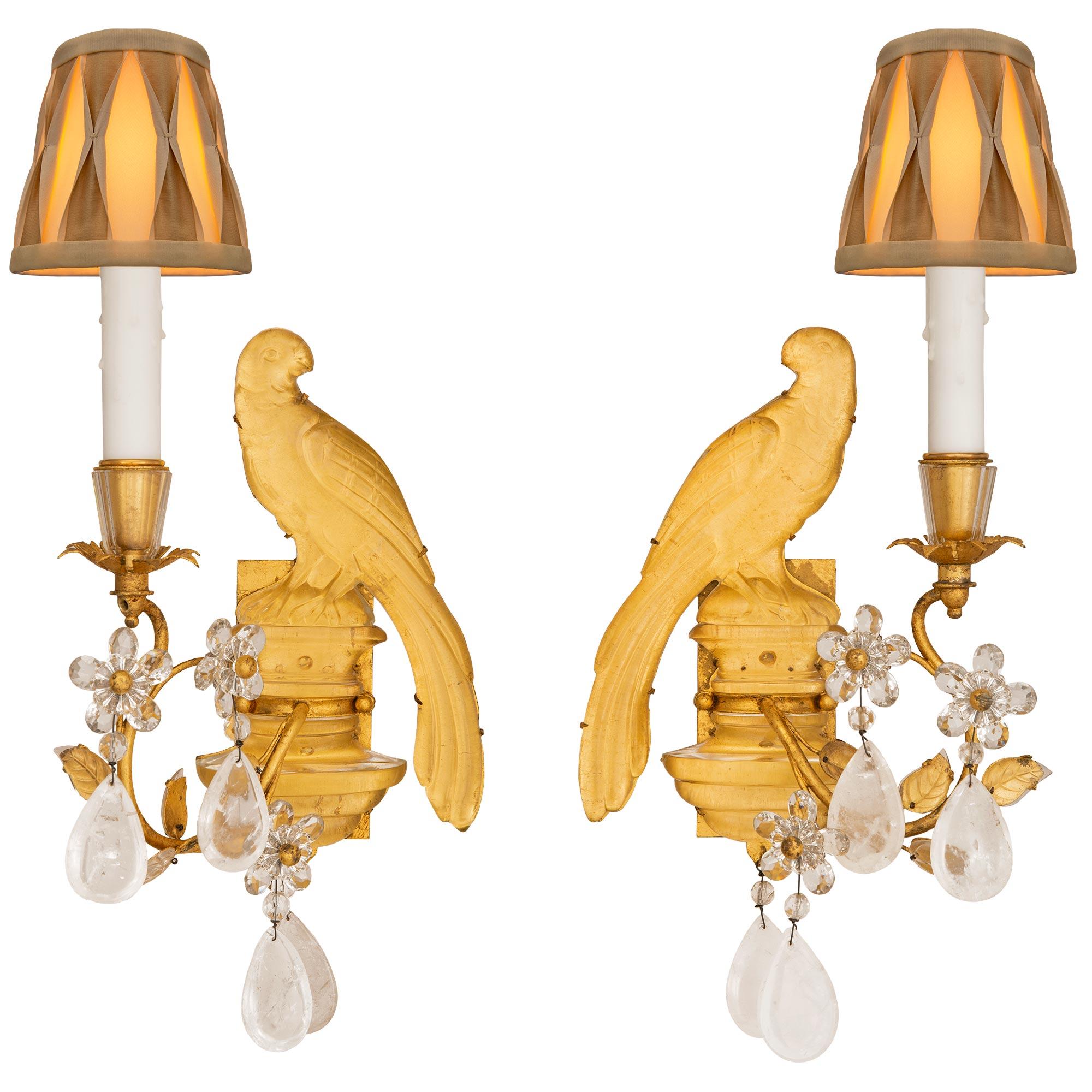 True Pair Of French 20th c. Louis XVI St. Rock Crystal And Gilt Metal Sconces For Sale 3