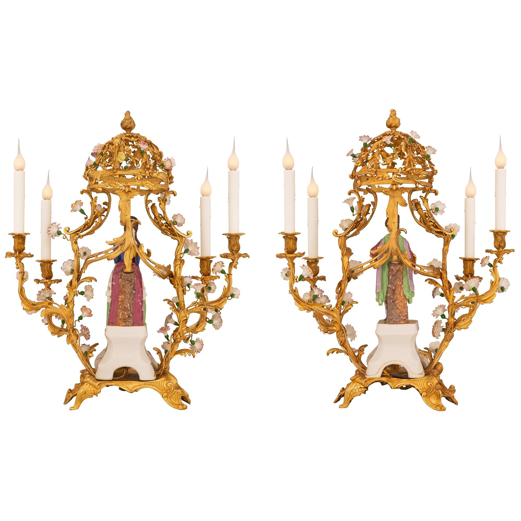 True Pair of French Turn of the Century Louis XV St. Porcelain Candelabra Lamps For Sale 7