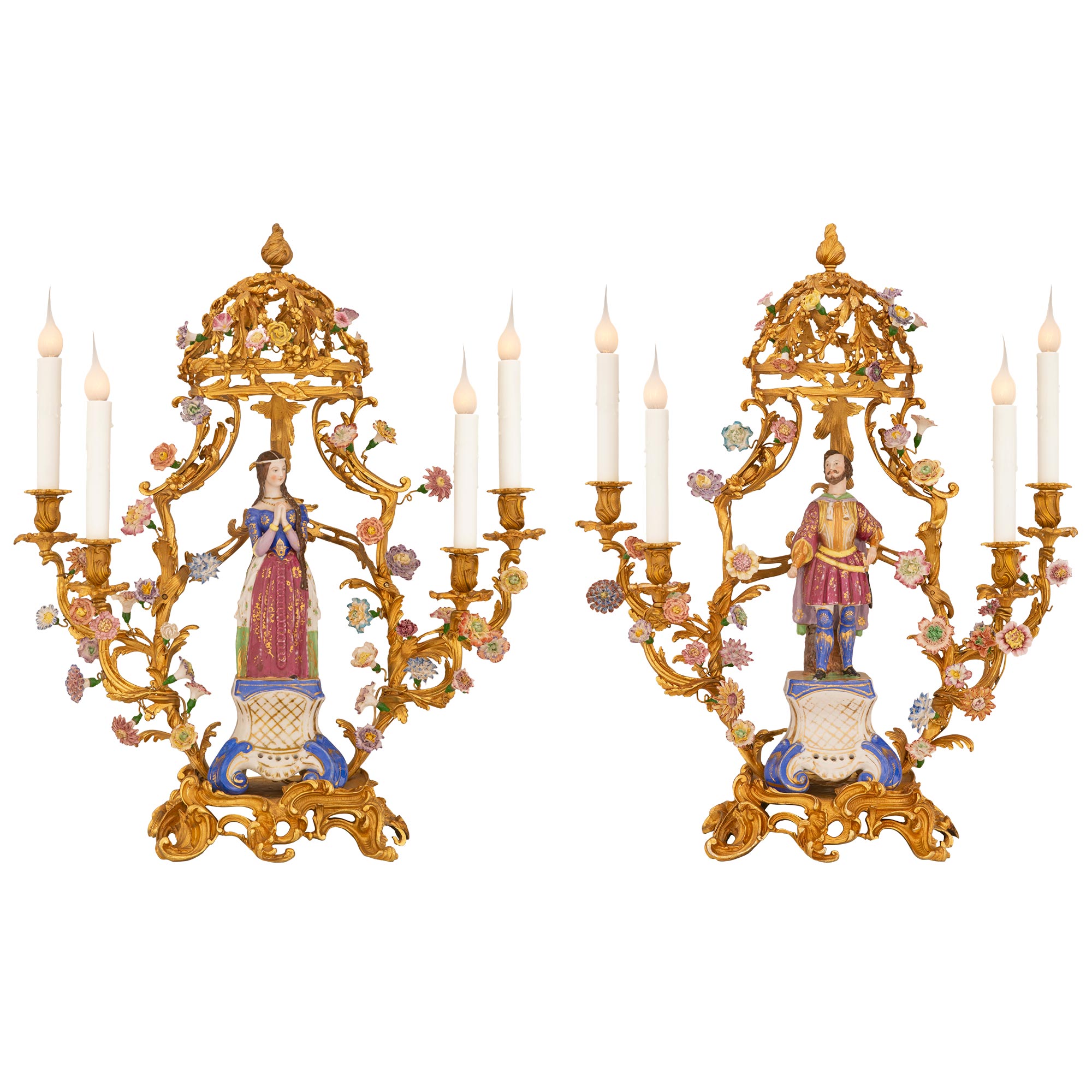 True Pair of French Turn of the Century Louis XV St. Porcelain Candelabra Lamps For Sale