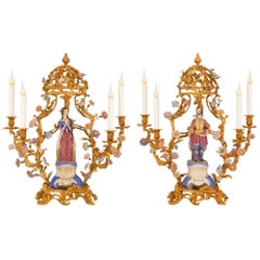 True Pair of French Turn of the Century Louis XV St. Porcelain Candelabra Lamps