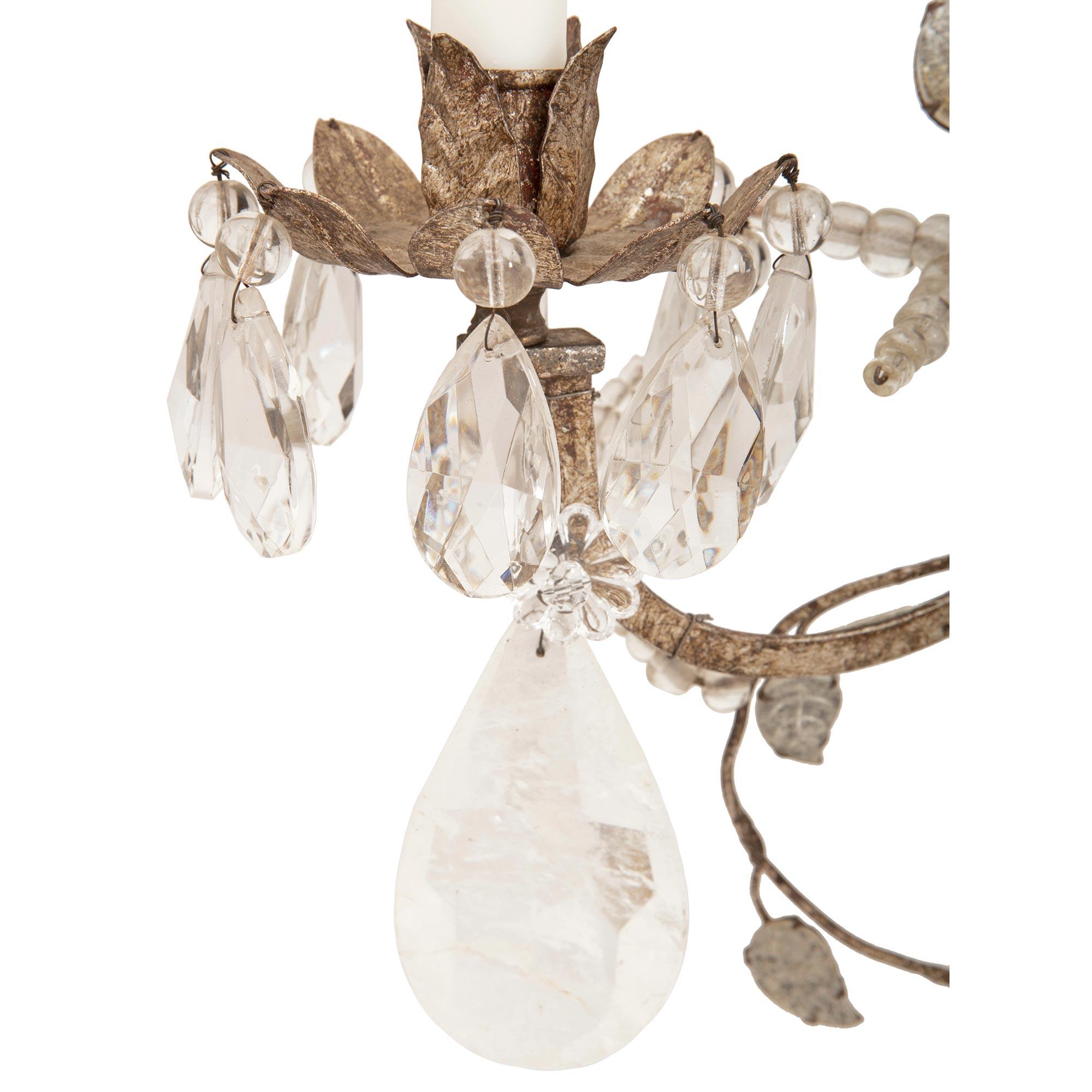 Metal True Pair of French Turn of the Century Louis XVI St. Rock Crystal Sconces For Sale