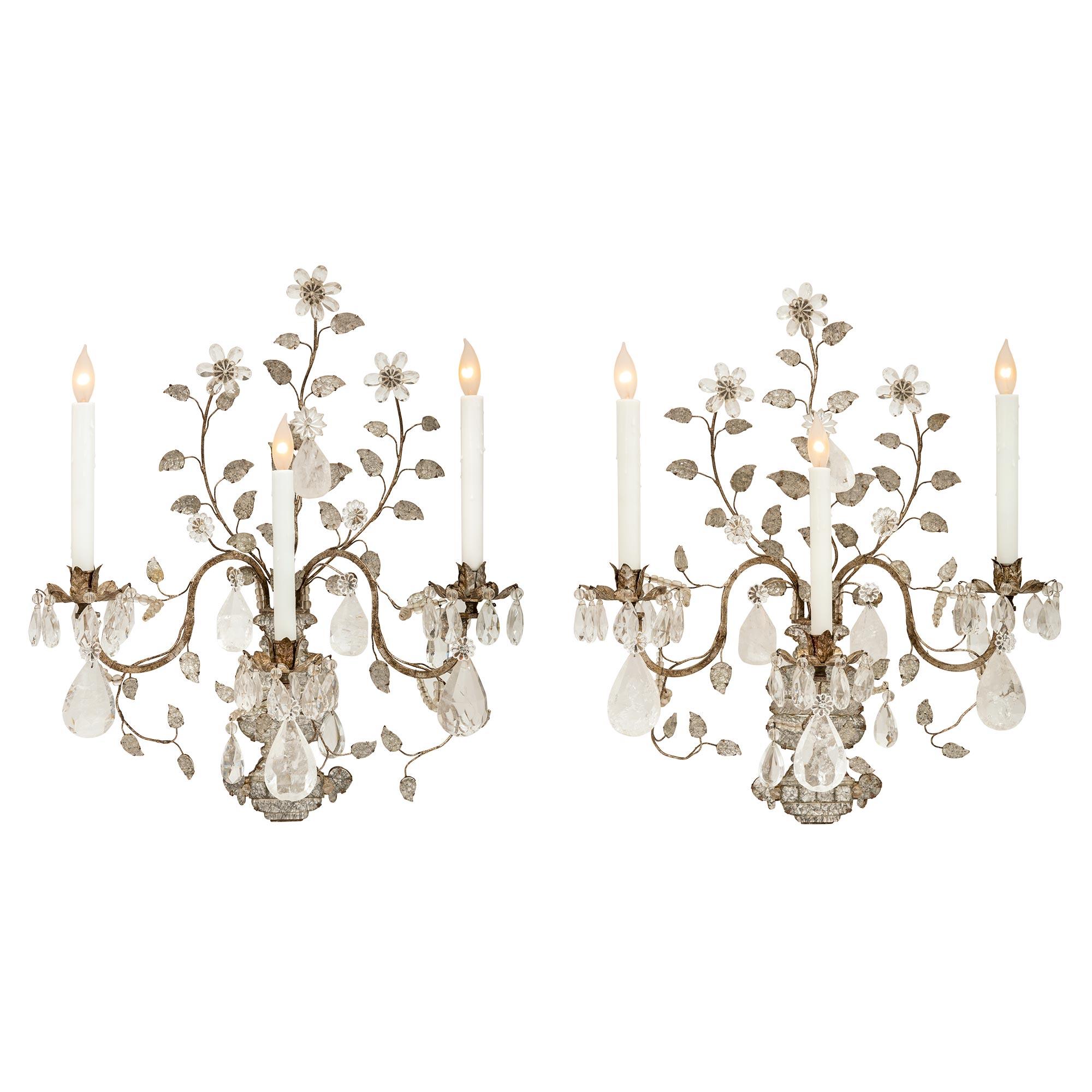 True Pair of French Turn of the Century Louis XVI St. Rock Crystal Sconces For Sale 2
