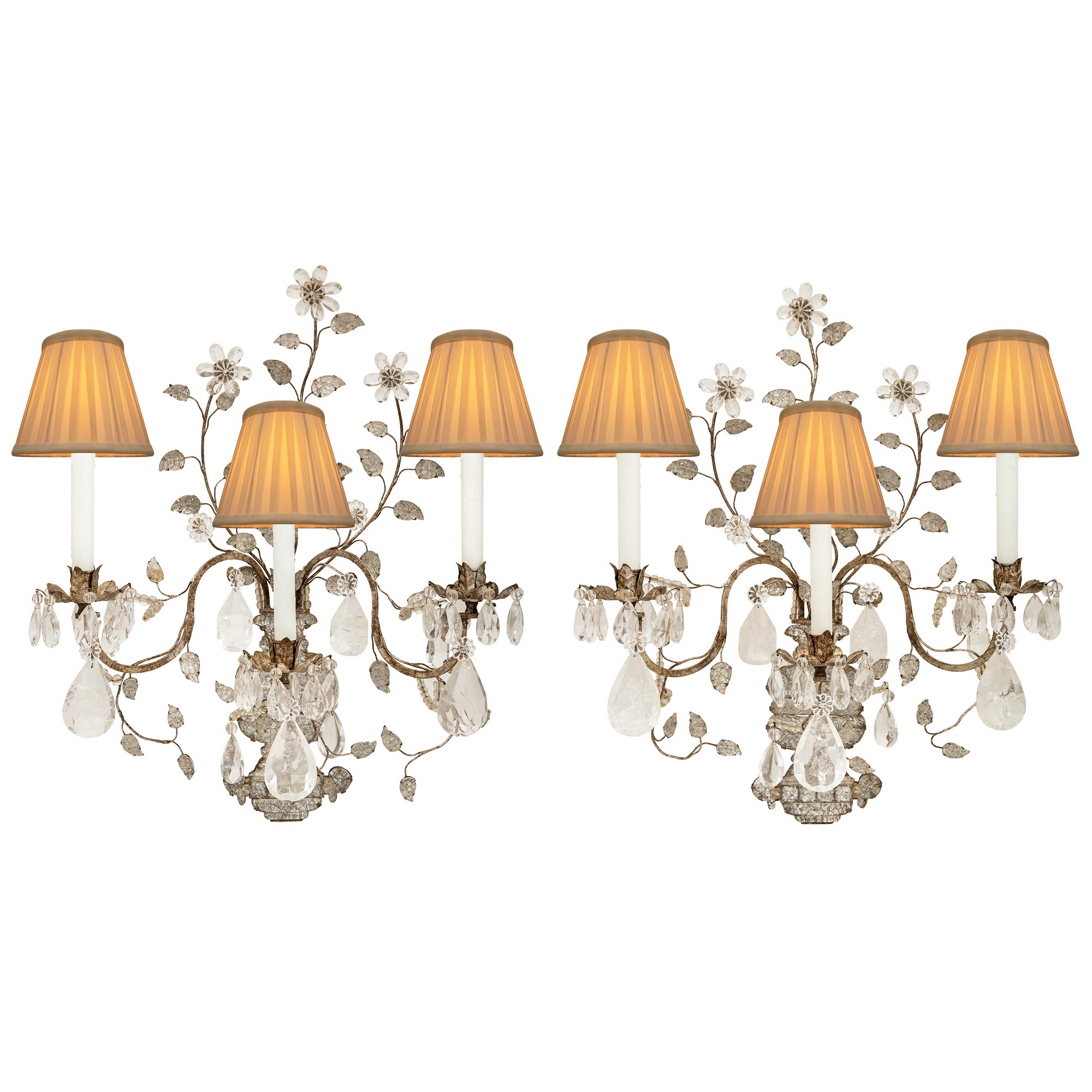 True Pair of French Turn of the Century Louis XVI St. Rock Crystal Sconces