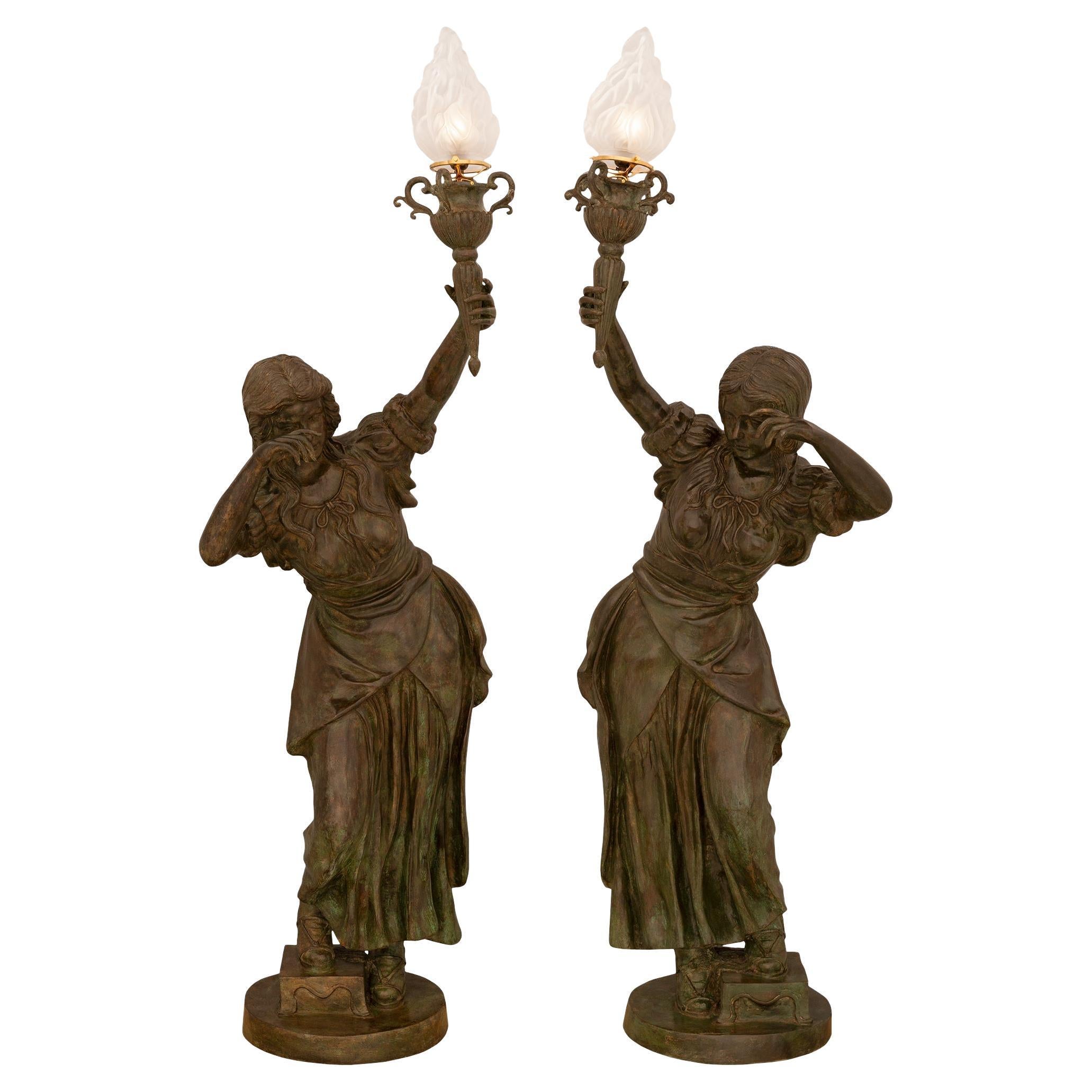 true pair of French Turn of the Century Verdigris Bronze Torchière statues