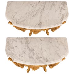 True Pair of Italian 18th Century Louis XV Period Giltwood and Marble Consoles