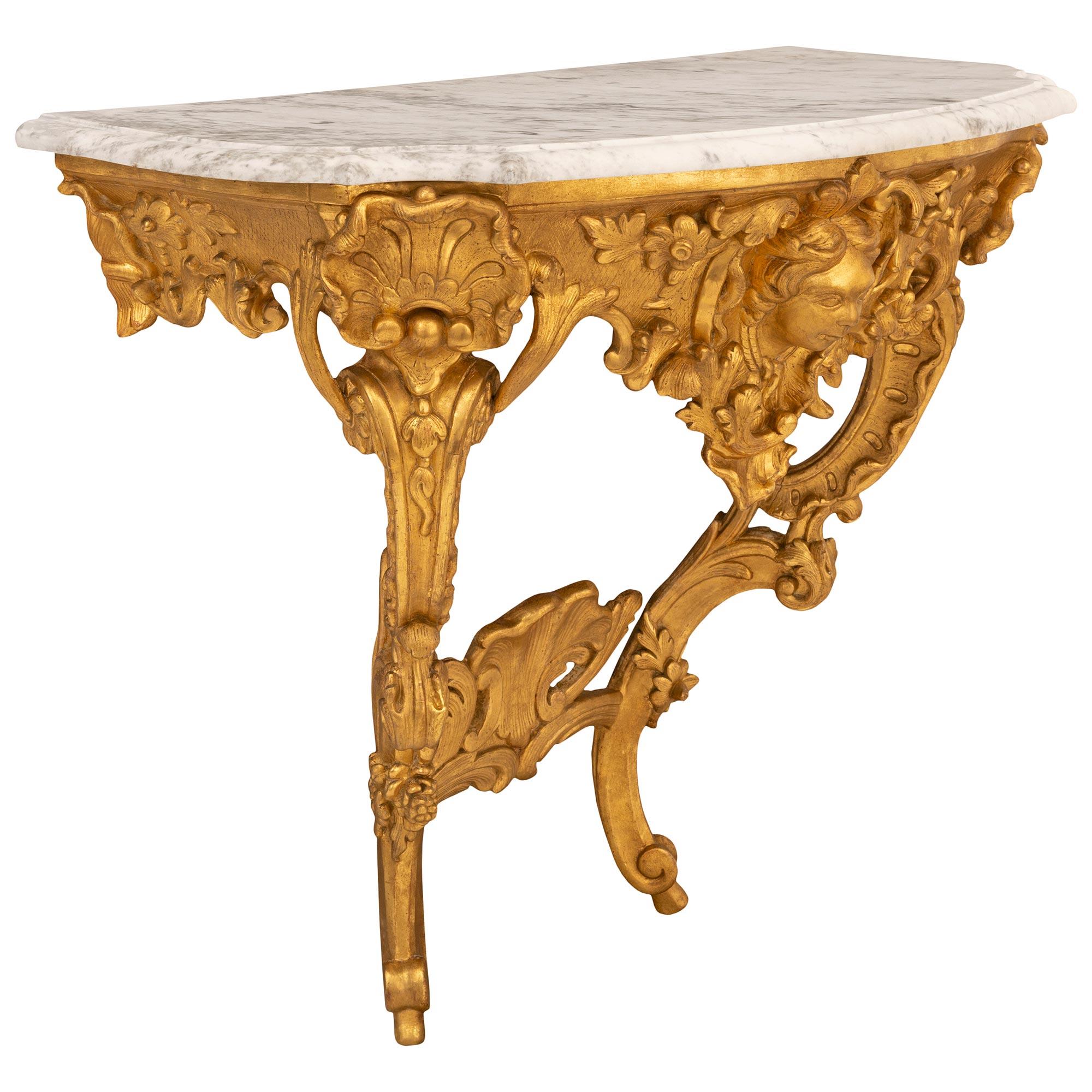 True Pair of Italian 18th Century Louis XV Period Giltwood and Marble Consoles In Good Condition For Sale In West Palm Beach, FL