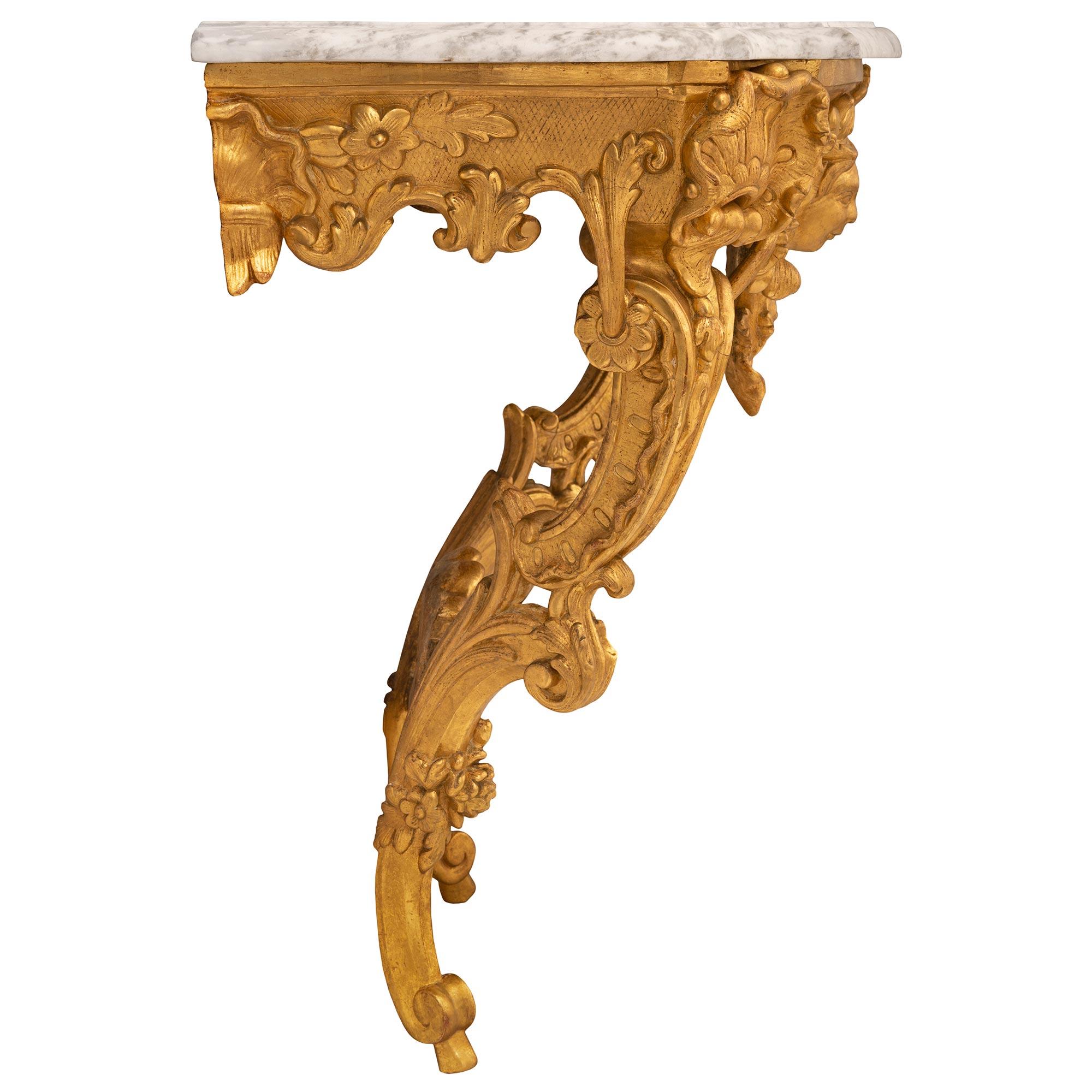 18th Century and Earlier True Pair of Italian 18th Century Louis XV Period Giltwood and Marble Consoles For Sale