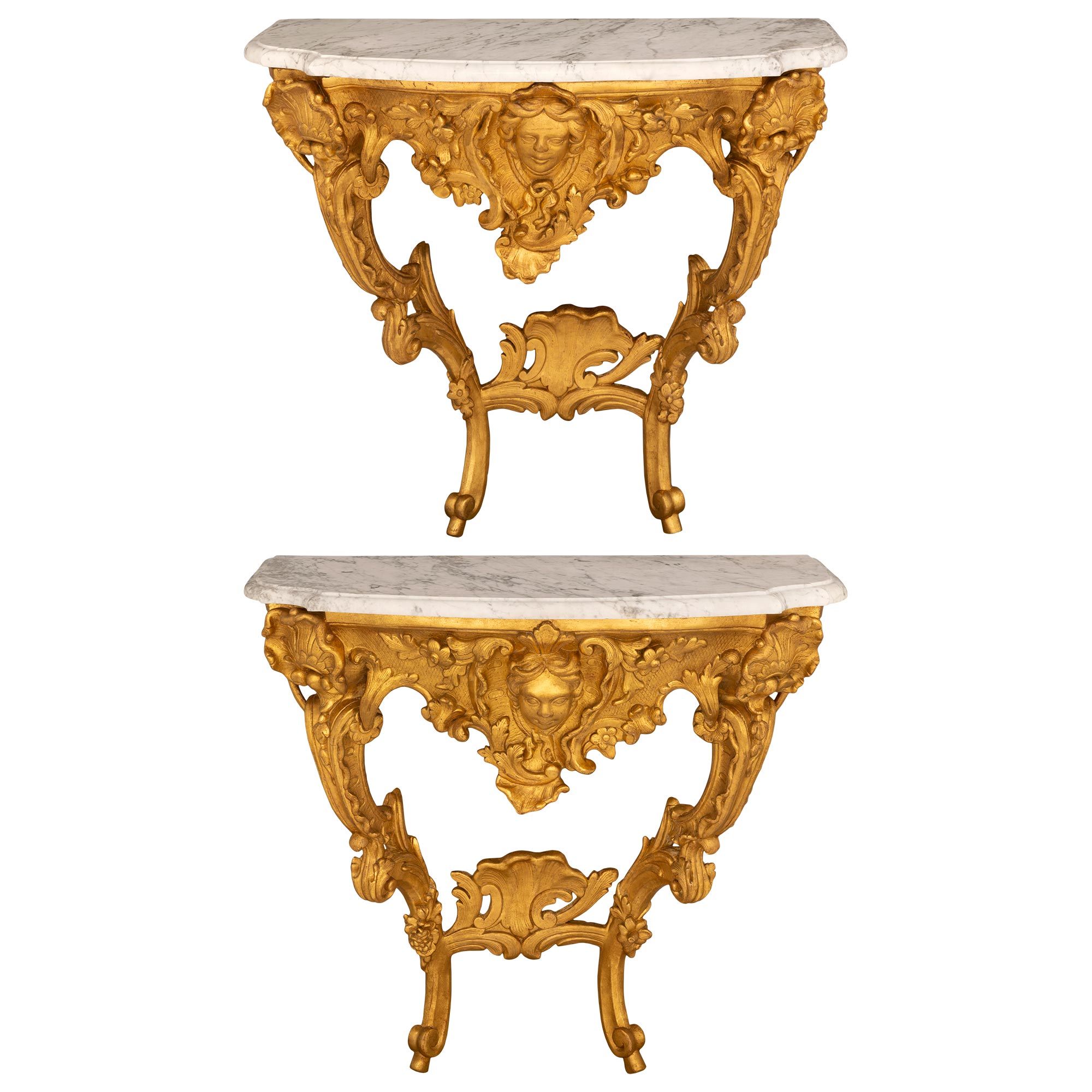 Paire de véritables consoles italiennes d'époque Louis XV du 18ème siècle en bois doré et marbre