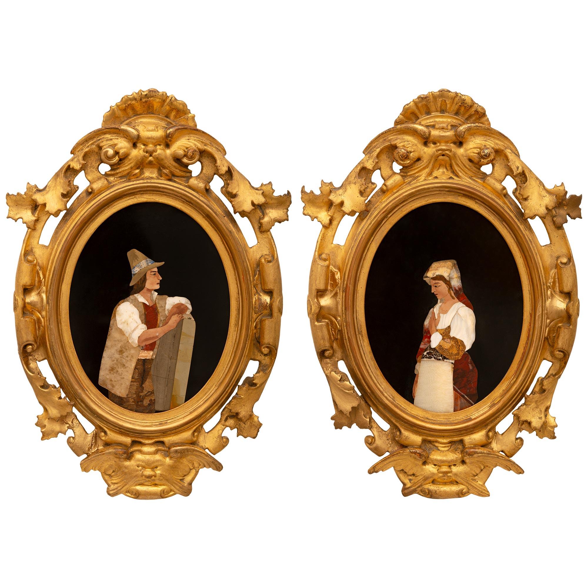 True Pair Of Italian 19th Century Louis XV St. Giltwood & Marble Plaques For Sale 6