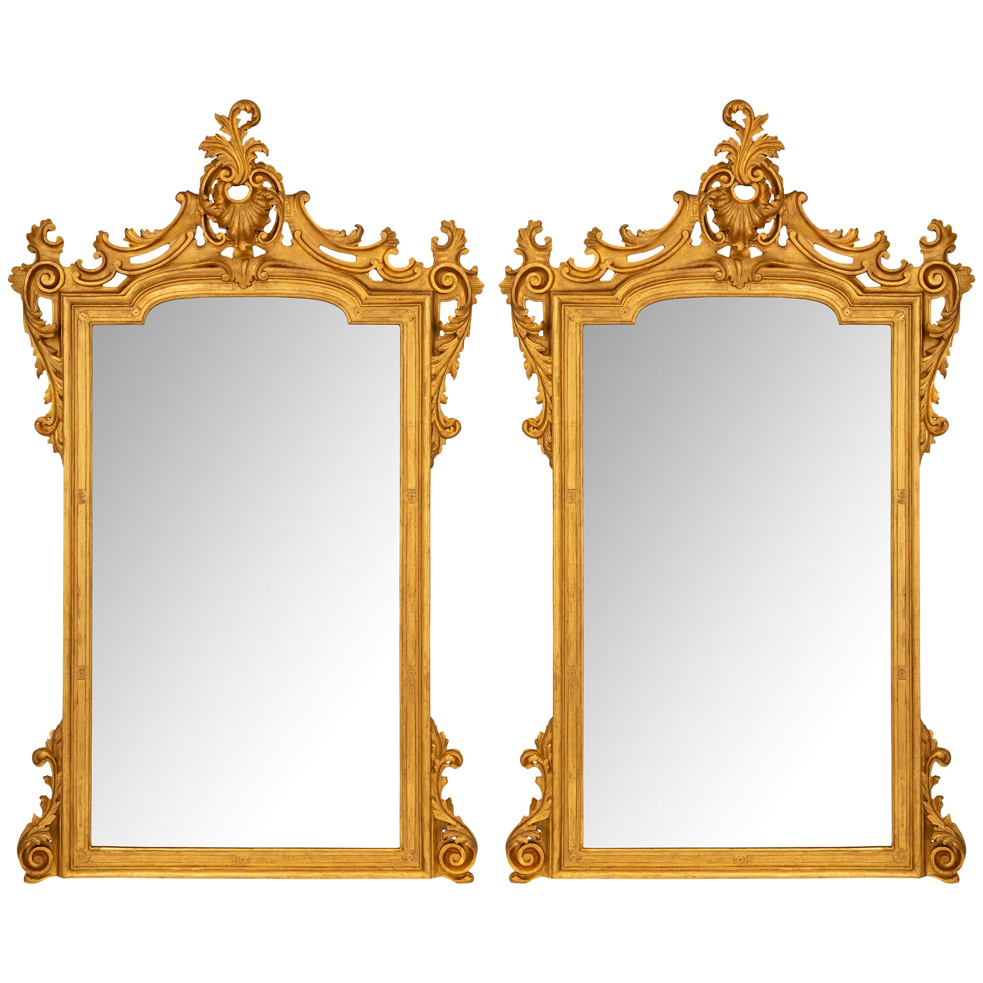 True Pair Of Italian 19th Century Louis XV St. Giltwood Mirrors For Sale