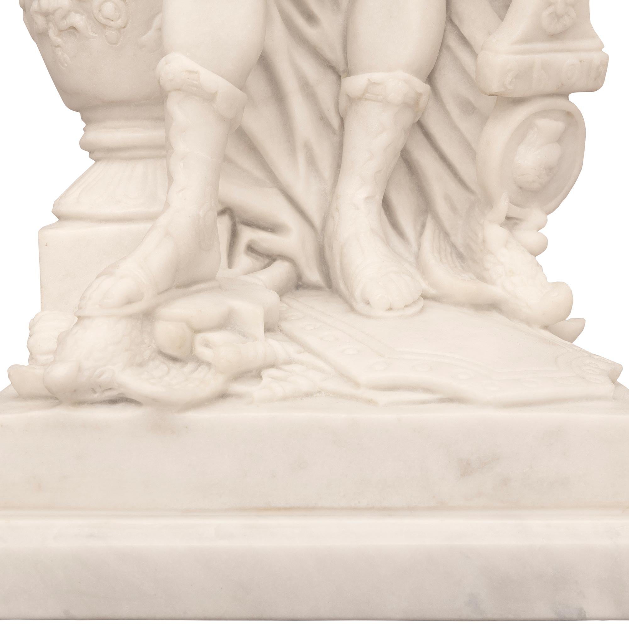 True Pair Of Italian 19th Century Neo-Classical St. White Carrara Marble Statues For Sale 6