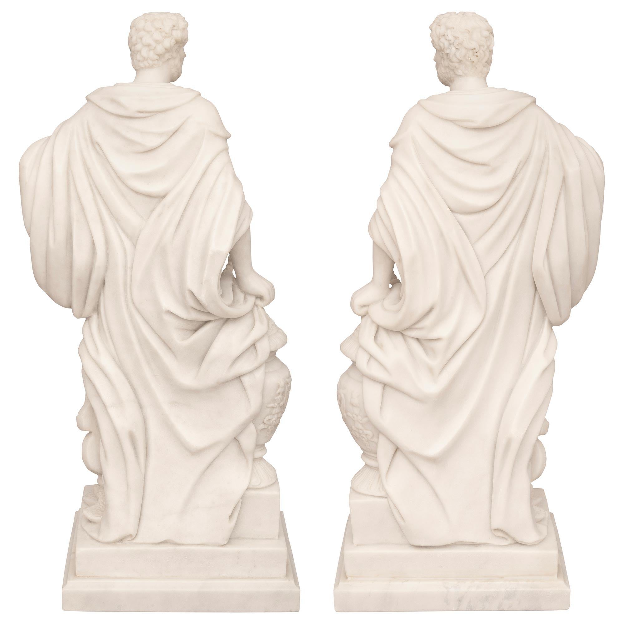 True Pair Of Italian 19th Century Neo-Classical St. White Carrara Marble Statues For Sale 7