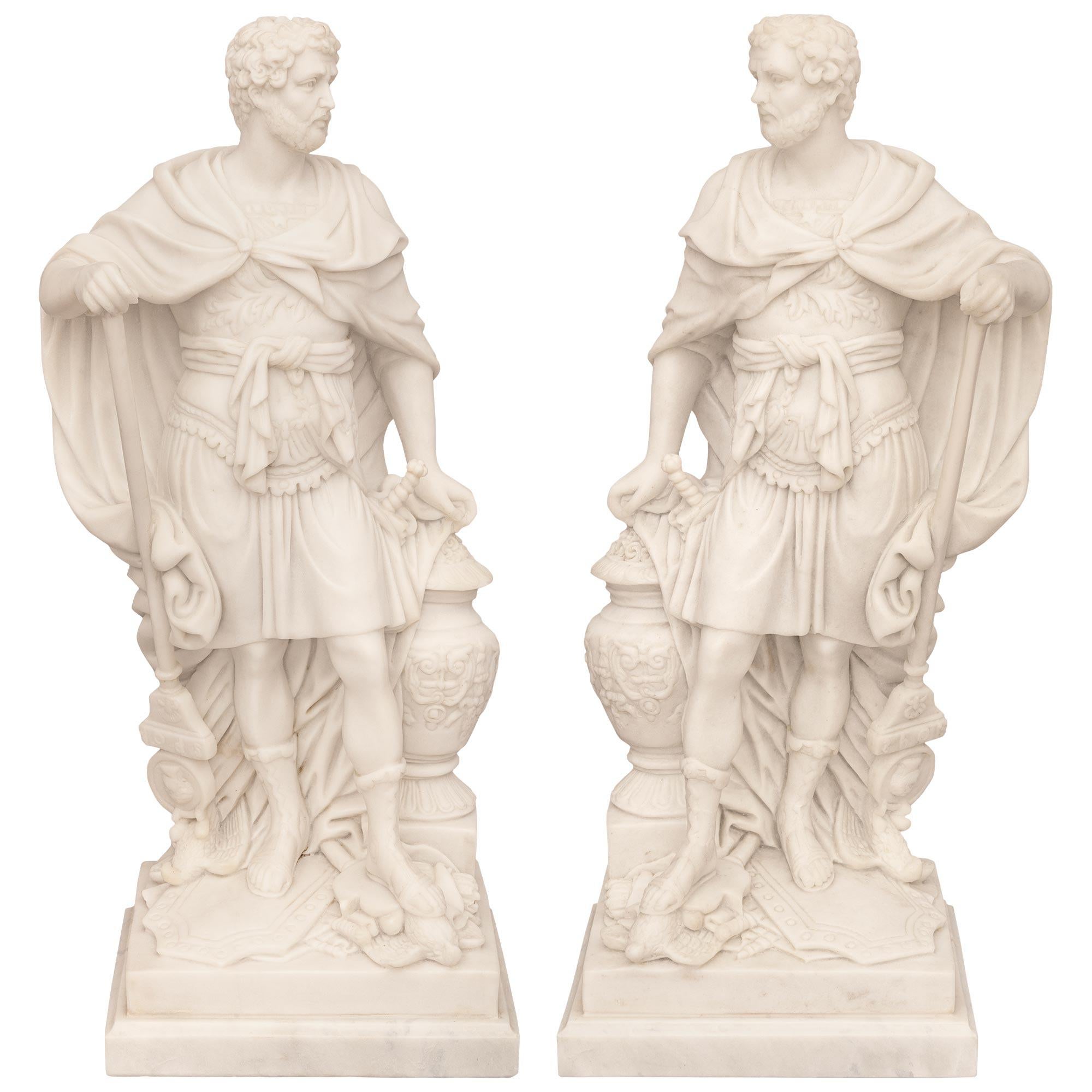 True Pair Of Italian 19th Century Neo-Classical St. White Carrara Marble Statues For Sale 8
