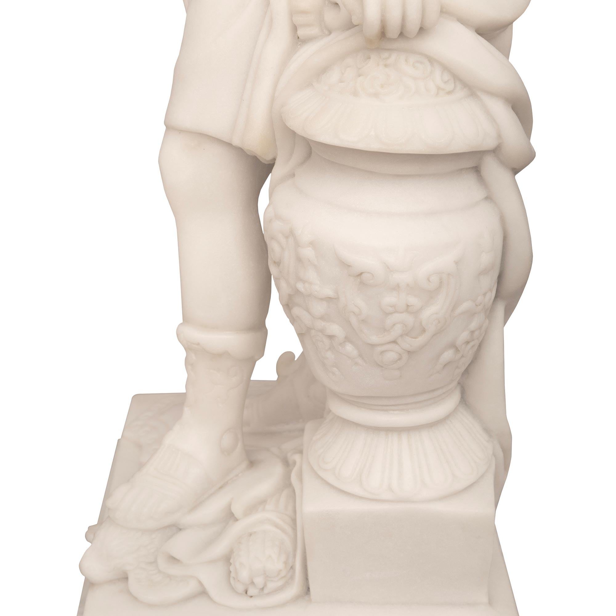 True Pair Of Italian 19th Century Neo-Classical St. White Carrara Marble Statues For Sale 3