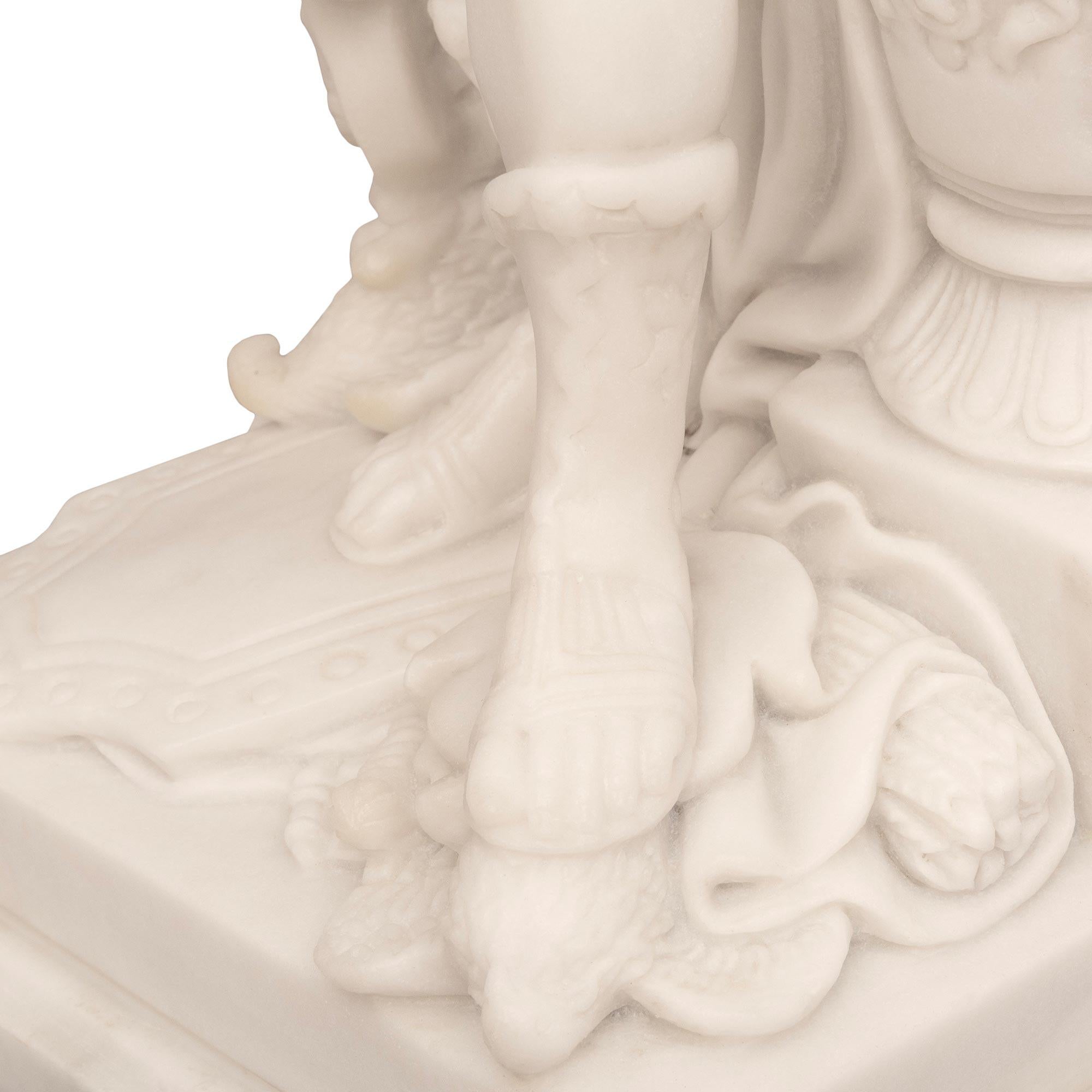 True Pair Of Italian 19th Century Neo-Classical St. White Carrara Marble Statues For Sale 5