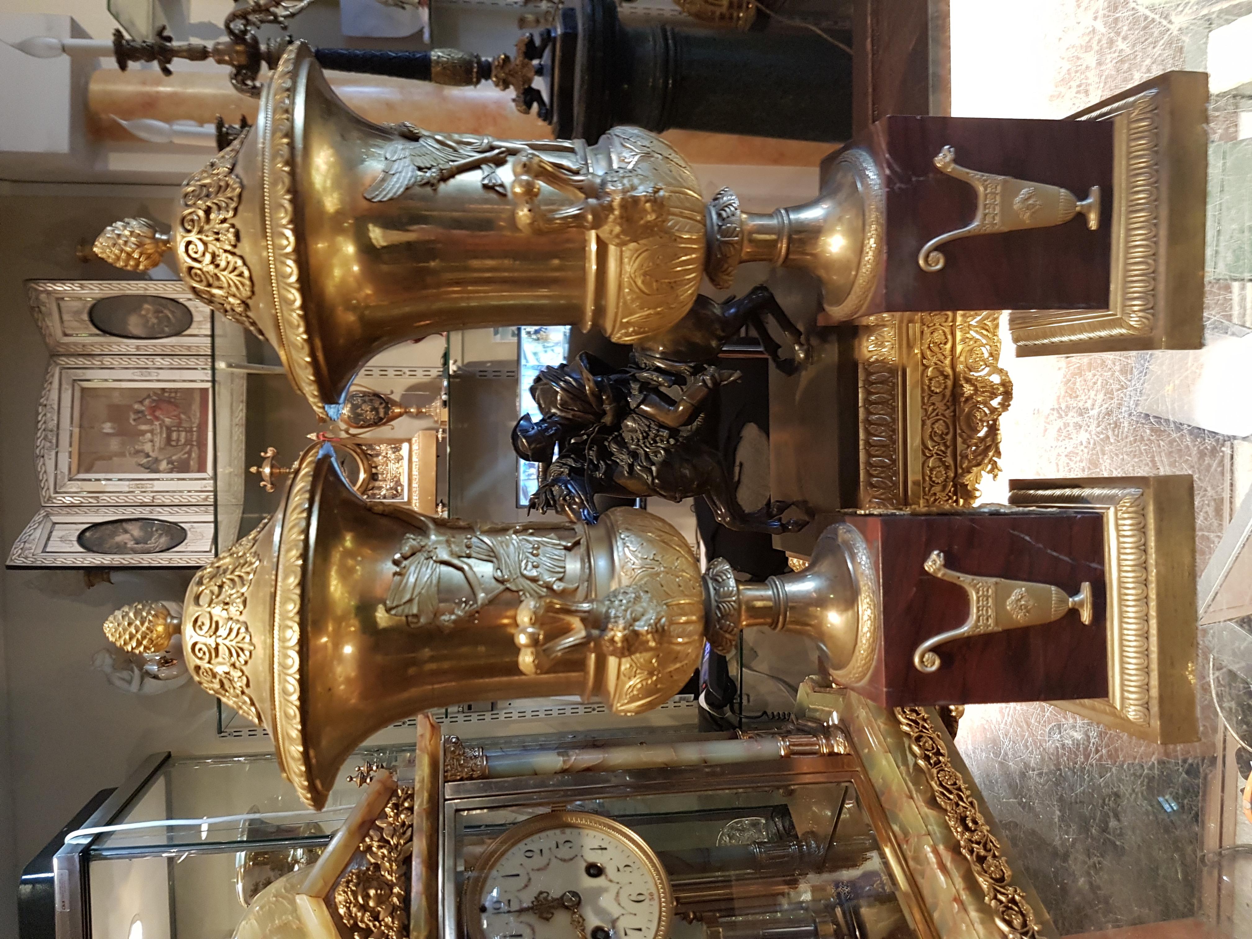 True Pair of Neoclassical Ormolu and Rouge Marble Covered Urns For Sale 2