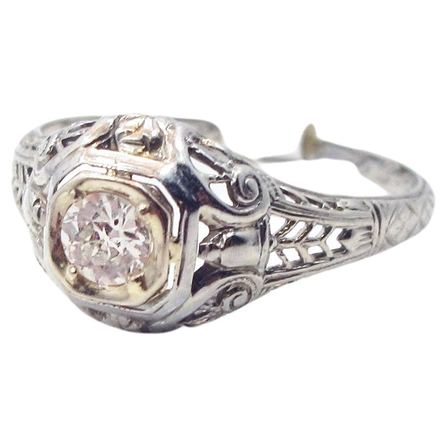 True Vintage 18k White Gold and Old Cut Diamond Ring For Sale