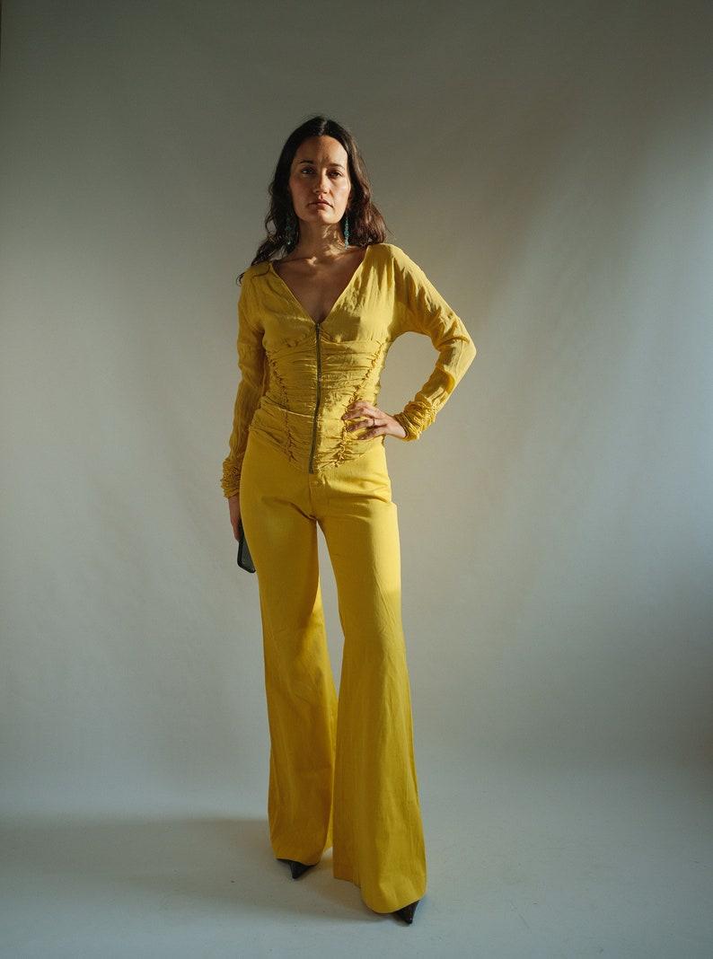 Women's or Men's True Vintage Roberto Cavalli Yellow Silk Ruched Corset Blouse For Sale