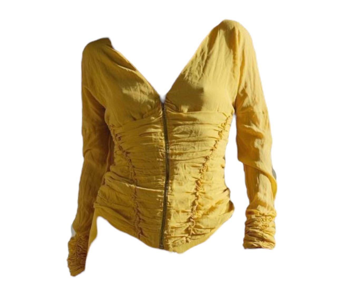 True Vintage Roberto Cavalli Yellow Silk Ruched Corset Blouse For Sale