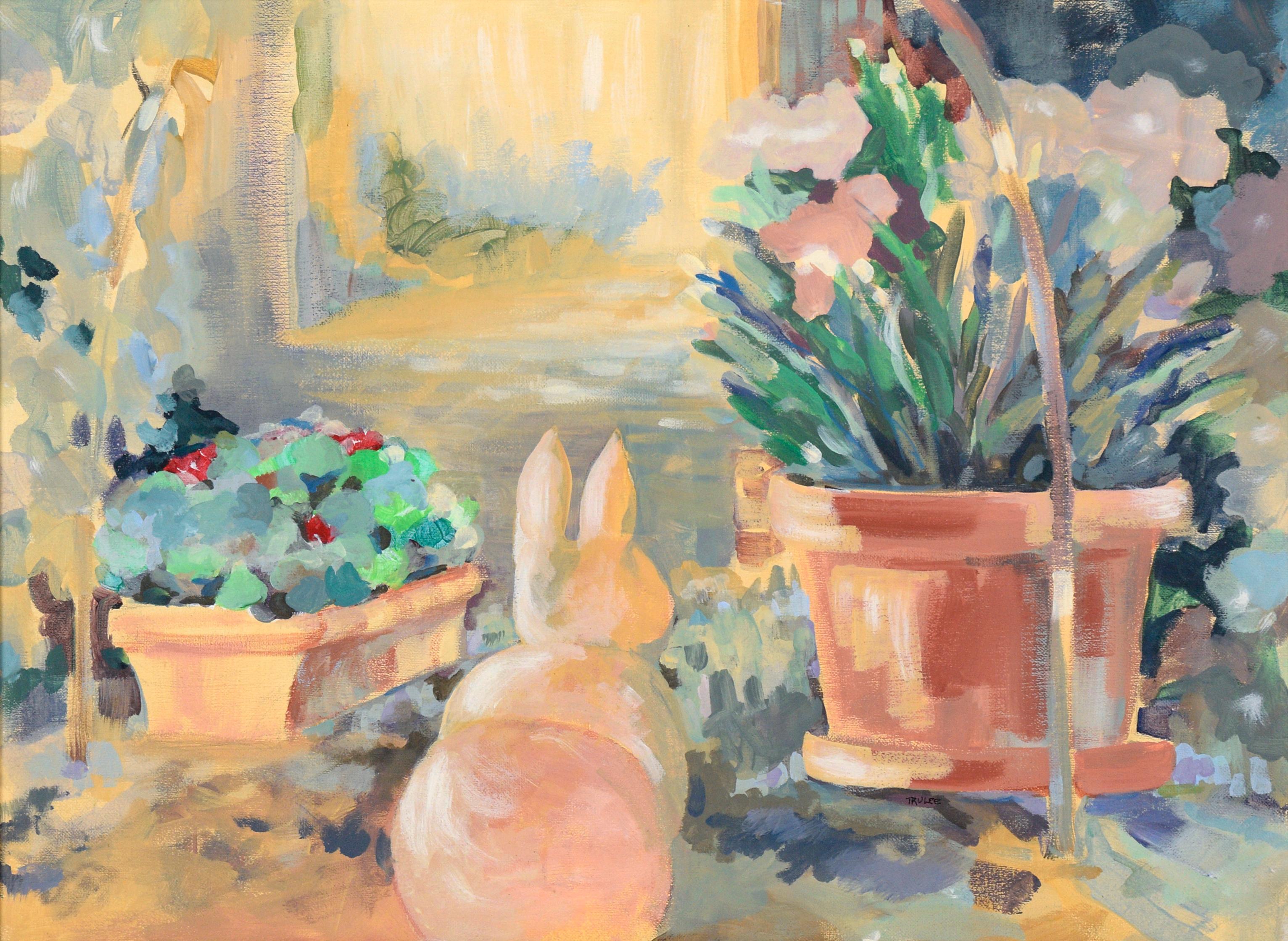 Rabbit Sculpture in the Garden - Acrylic on Canvas - Painting by Truelee