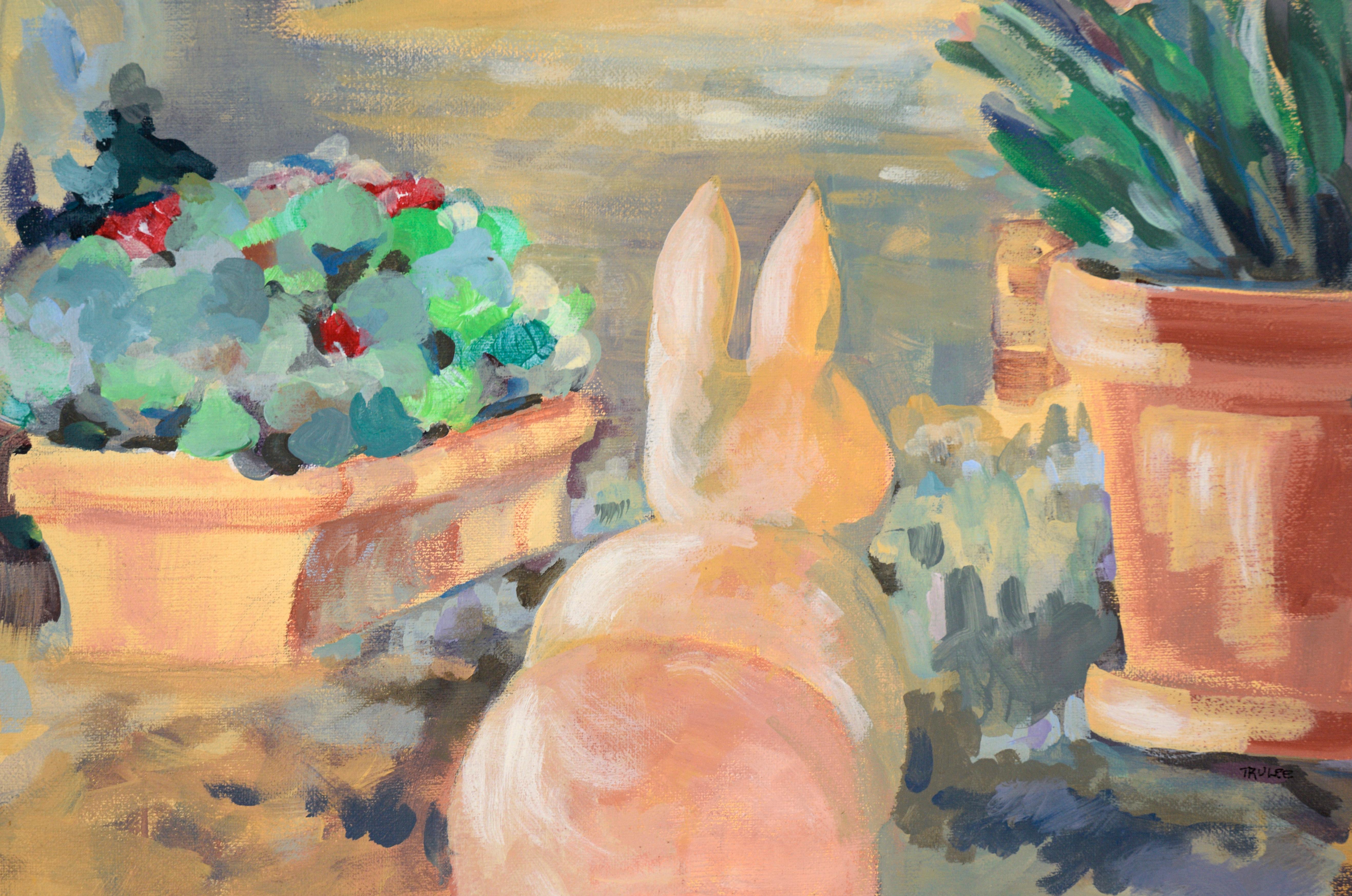 Rabbit Sculpture in the Garden - Acrylic on Canvas - American Impressionist Painting by Truelee