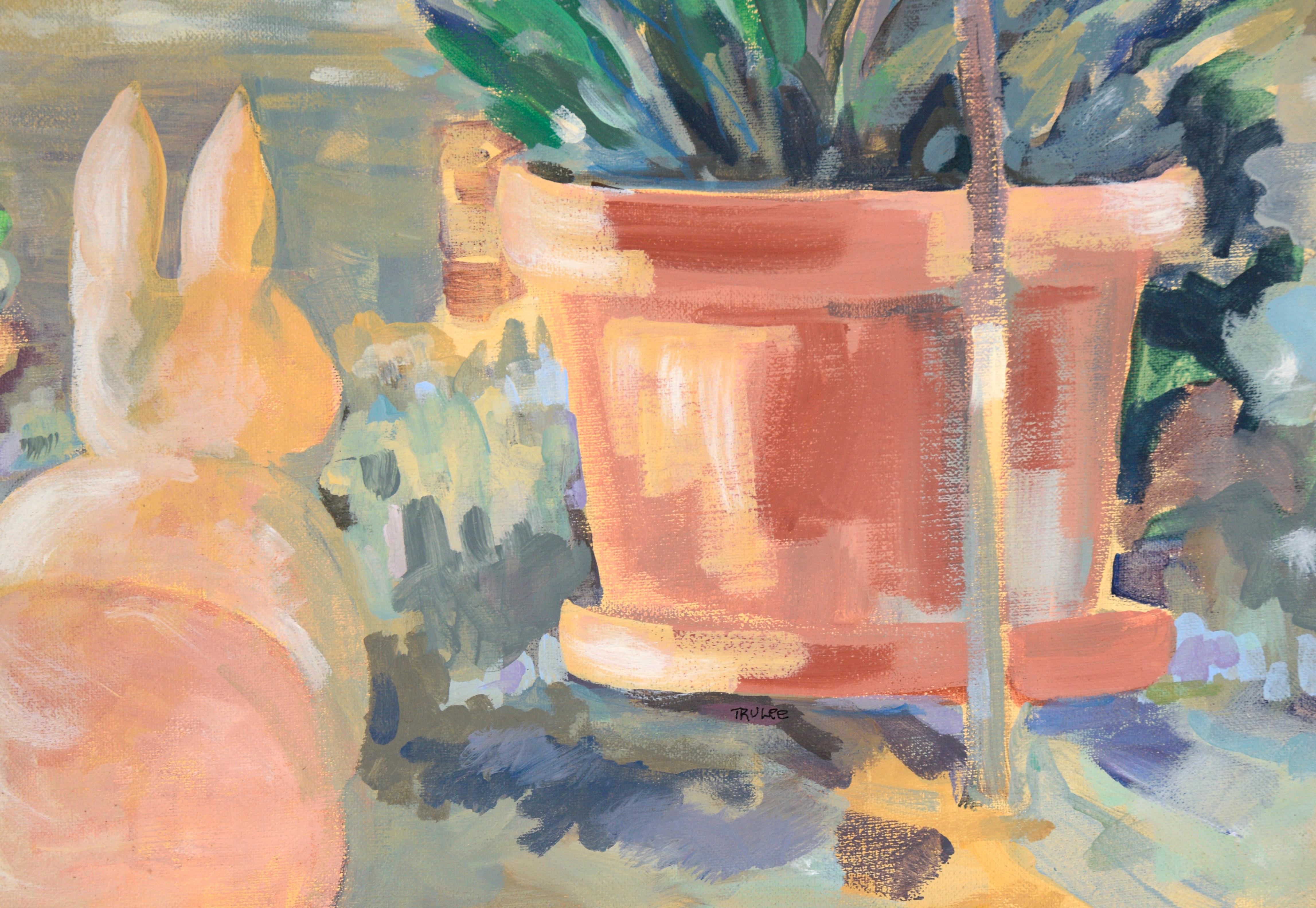 Idyllic scene of a rabbit statue among flowerpots in a garden by unknown artist 