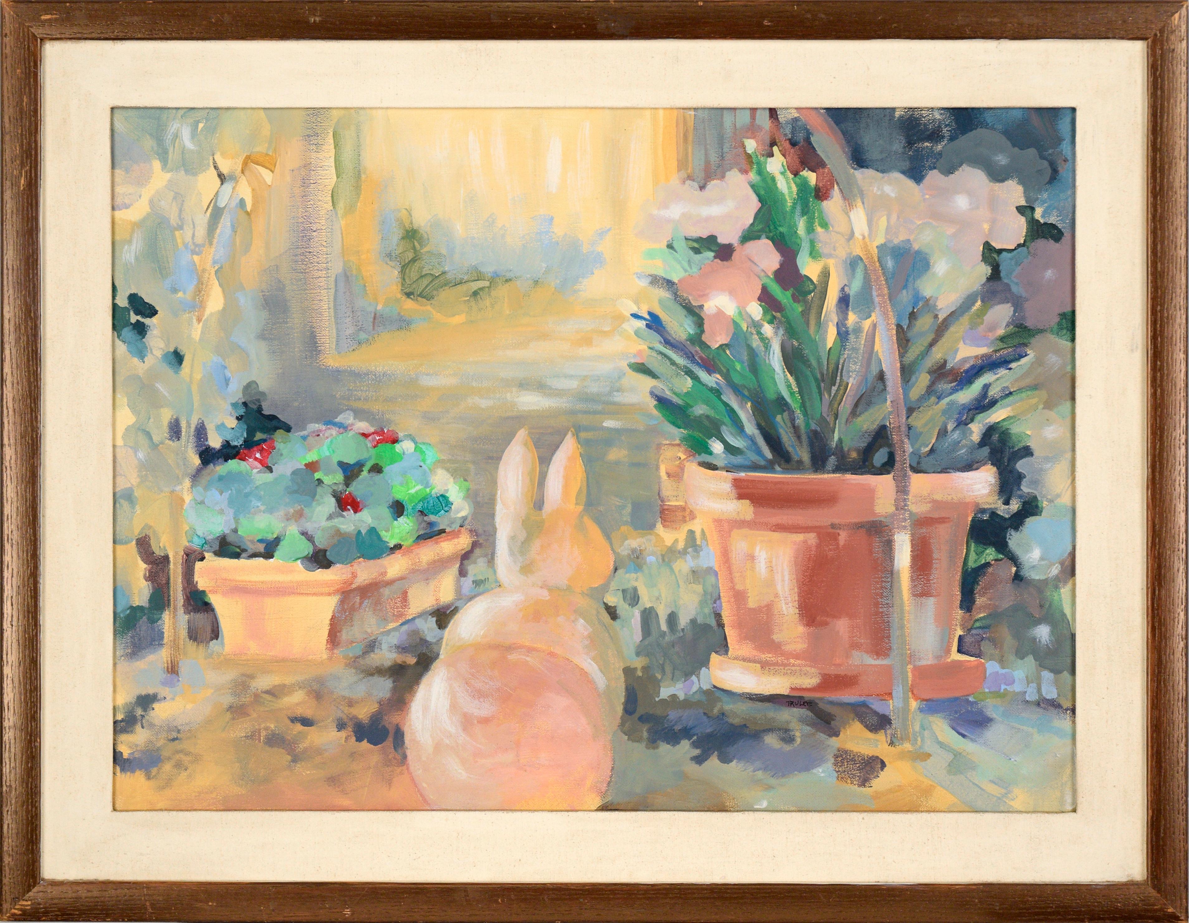 Truelee Landscape Painting - Rabbit Sculpture in the Garden - Acrylic on Canvas