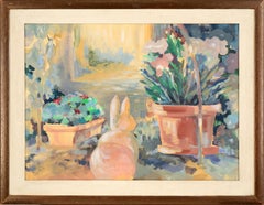 Vintage Rabbit Sculpture in the Garden - Acrylic on Canvas