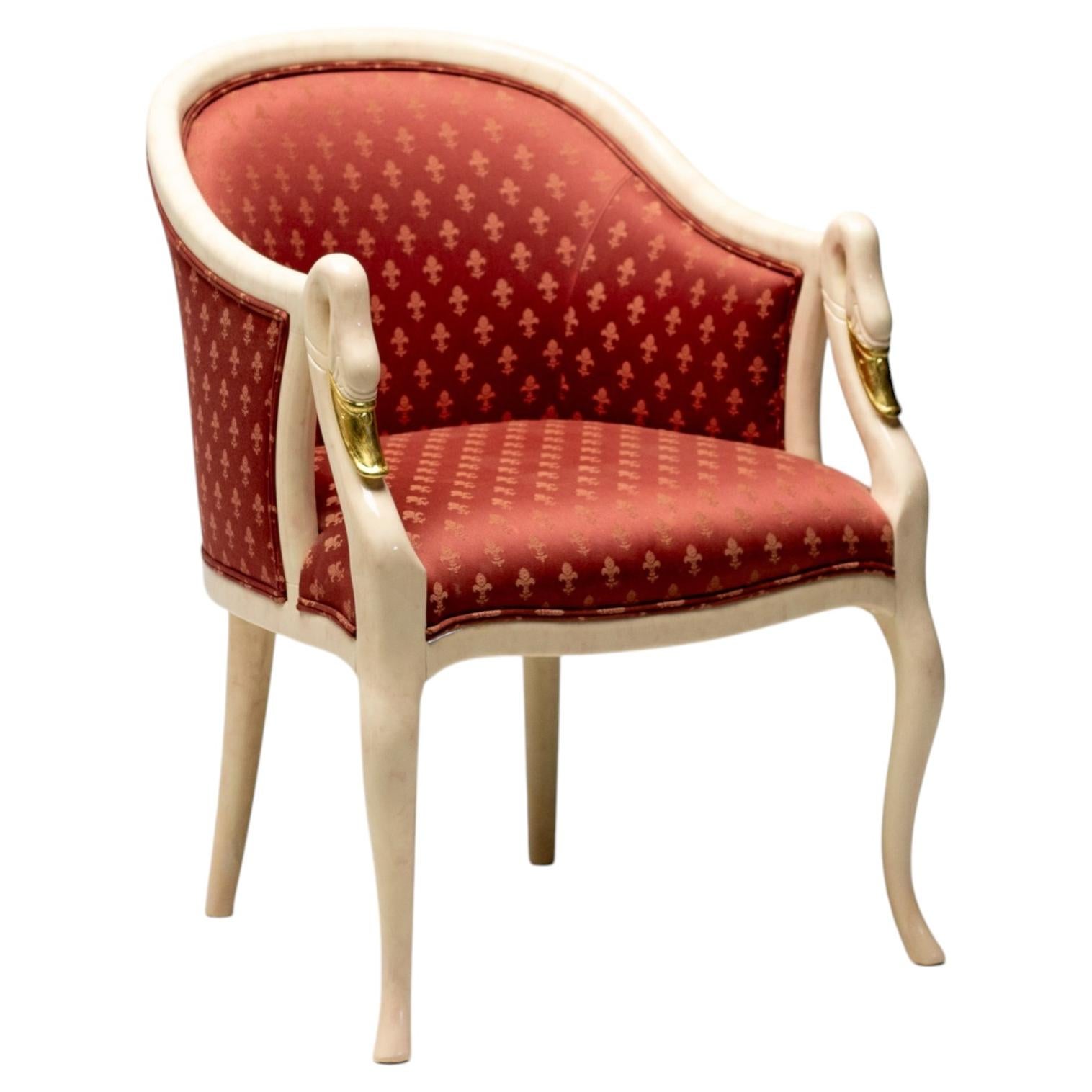 Trüggelmann Schwanenhals-Sessel - Gestell marmoriert & vergoldet, Damast mohnrot im Angebot