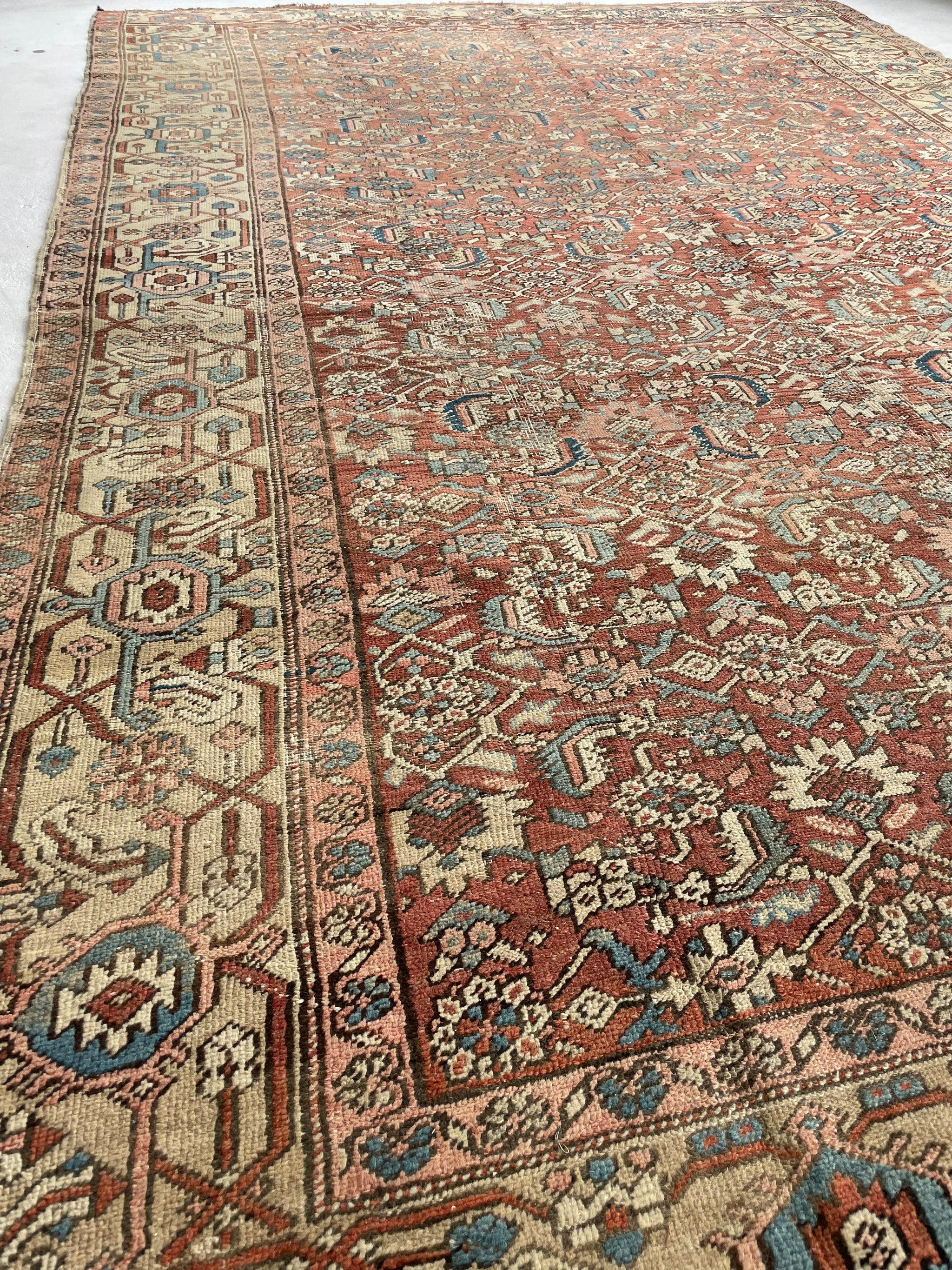 Truly amazing antique rug with iconic design but fascinating Abrash throughout

Size: 7.11 x 12.6
Age: Antique; C. 1920's
Pile: Low/Medium with nice age-related wear and patina throughout. In amazing condition 

This rug is one-of-a-kind, only