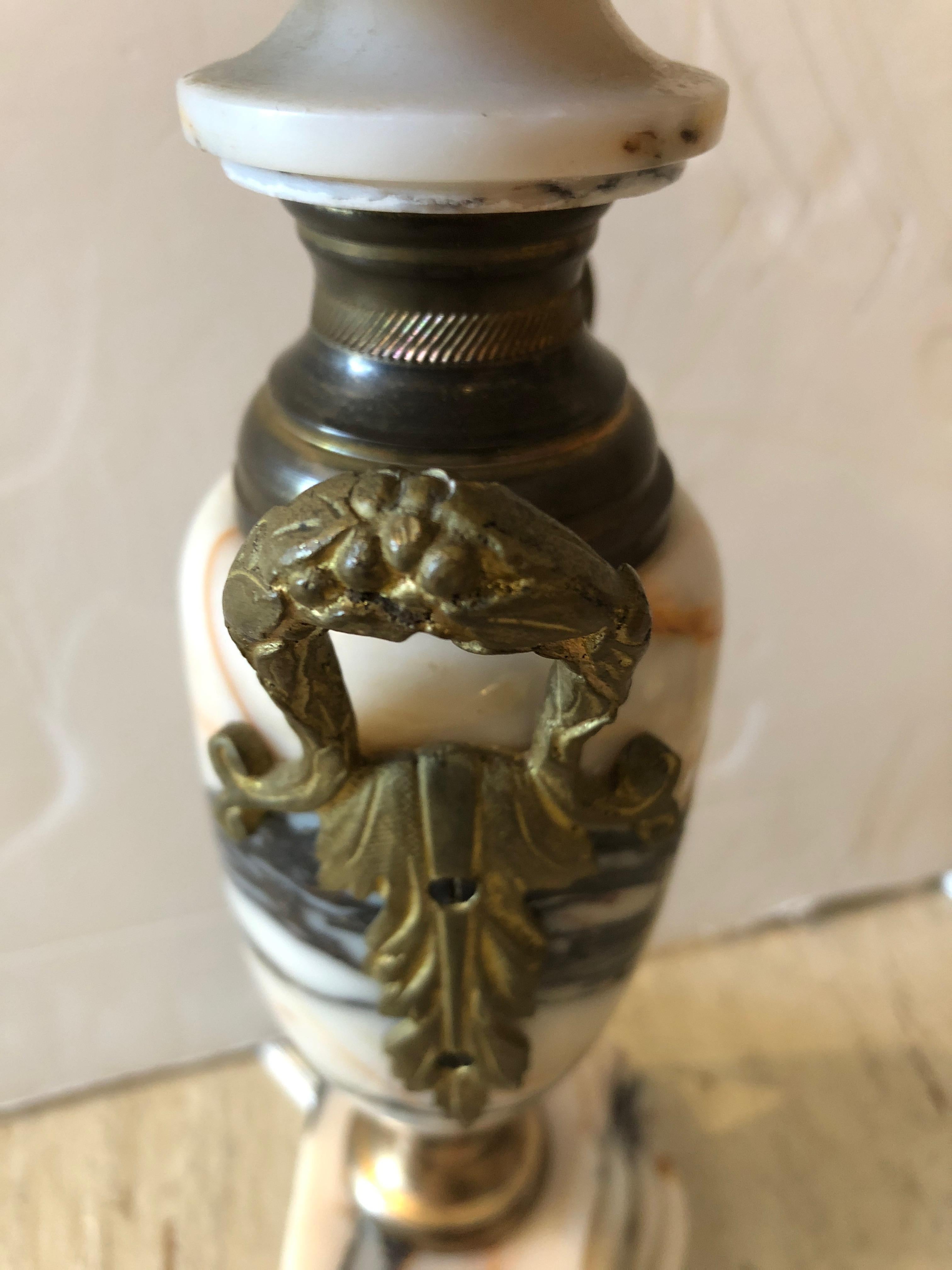 English Truly Elegant Antique Carrara Marble and Bronze Pair of Small Table Lamps