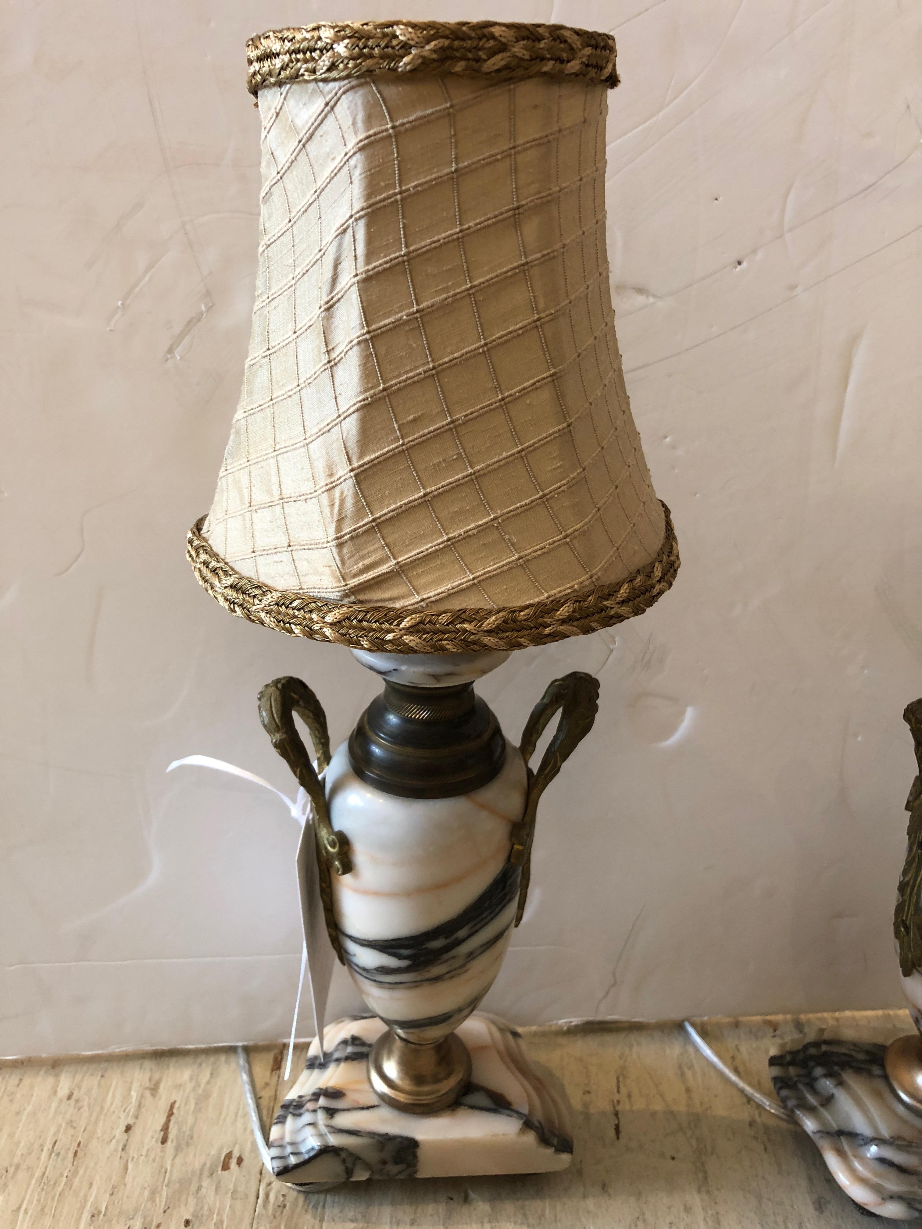 Truly Elegant Antique Carrara Marble and Bronze Pair of Small Table Lamps 1