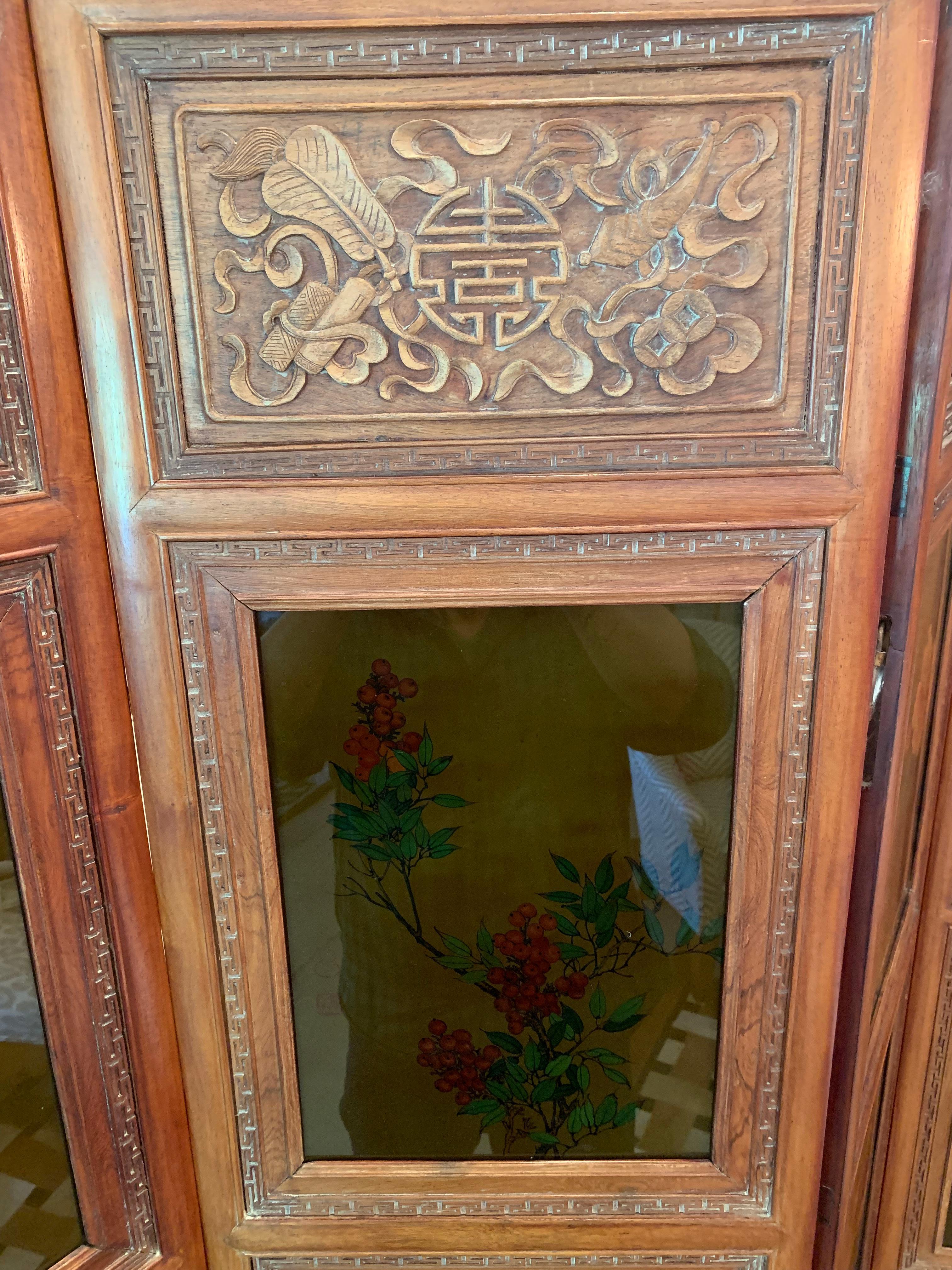 Truly Magnificent Large Carved Wood Hong Kong Screen with Paintings on Glass 2