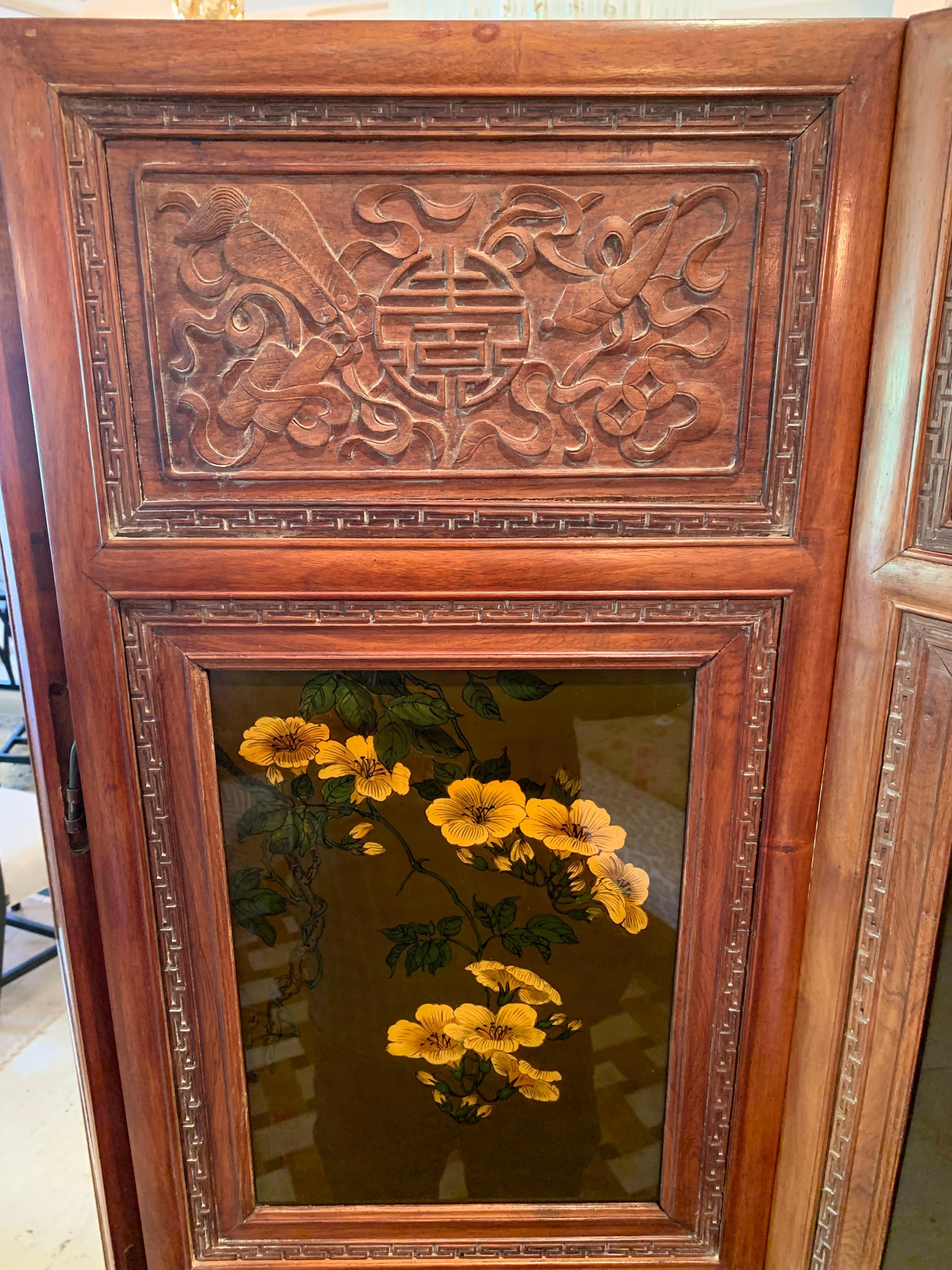 Truly Magnificent Large Carved Wood Hong Kong Screen with Paintings on Glass 4