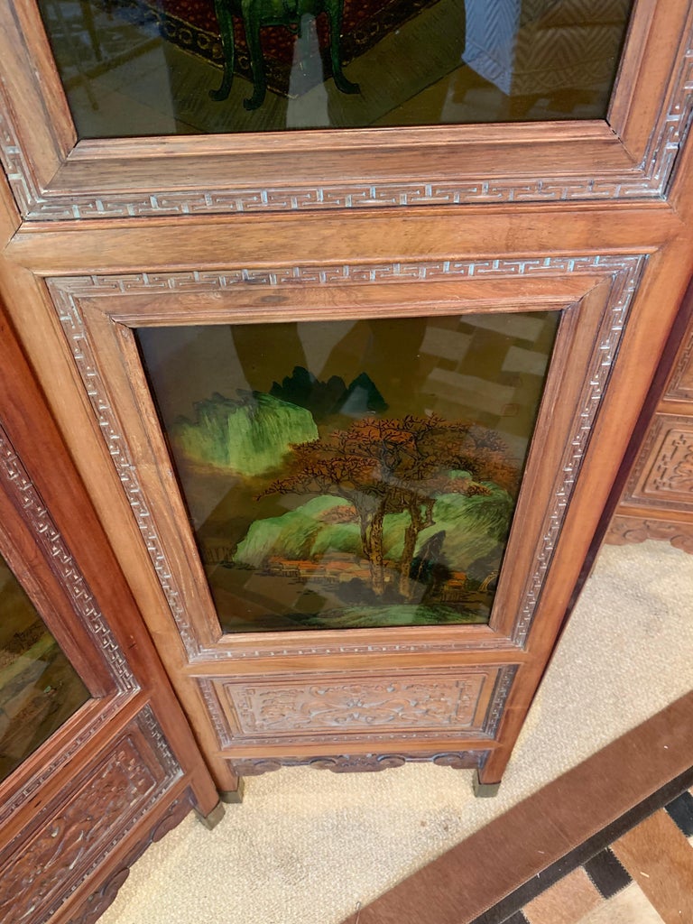Truly Magnificent Large Carved Wood Hong Kong Screen with Paintings on
