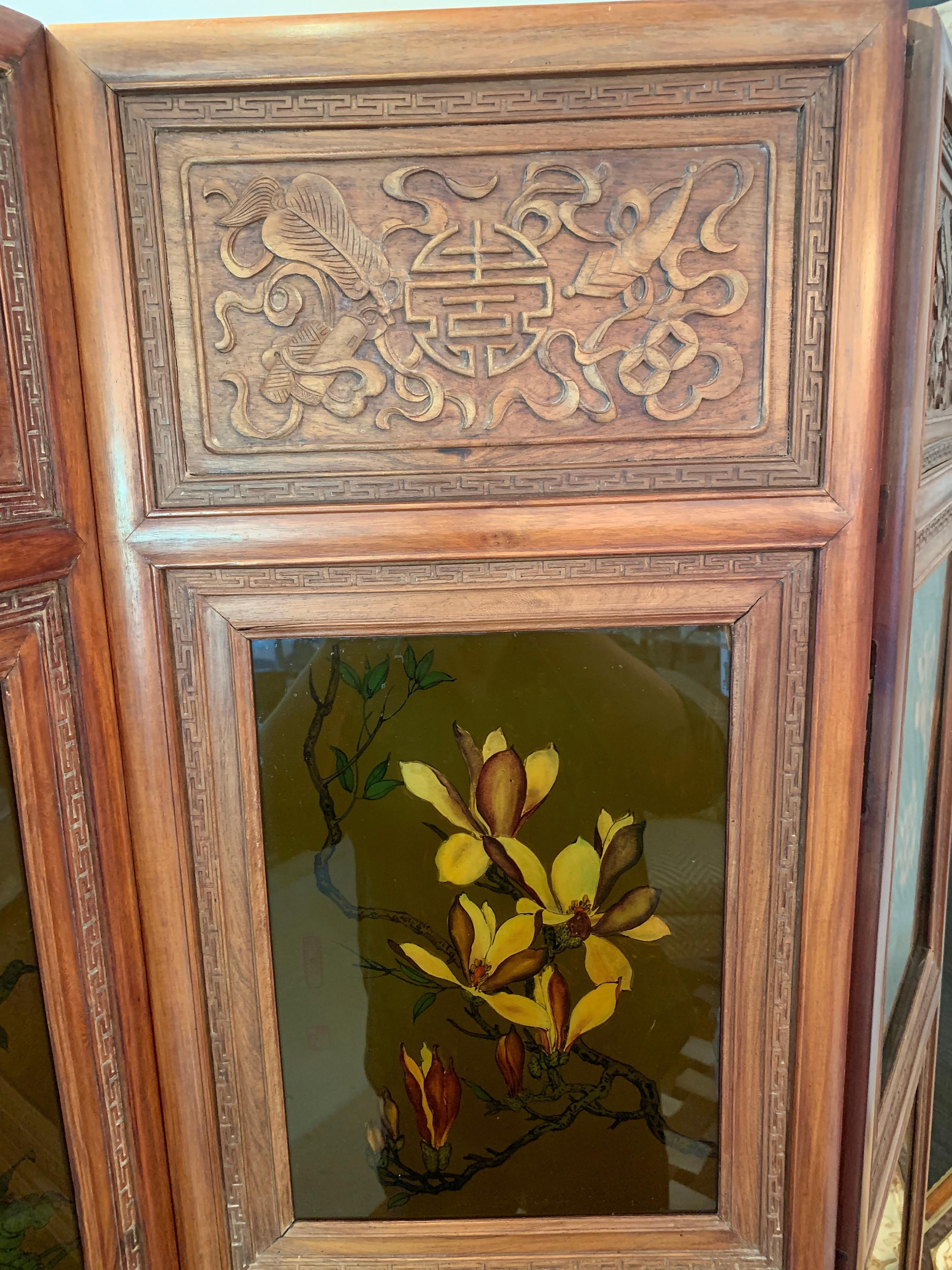 Chinese Export Truly Magnificent Large Carved Wood Hong Kong Screen with Paintings on Glass