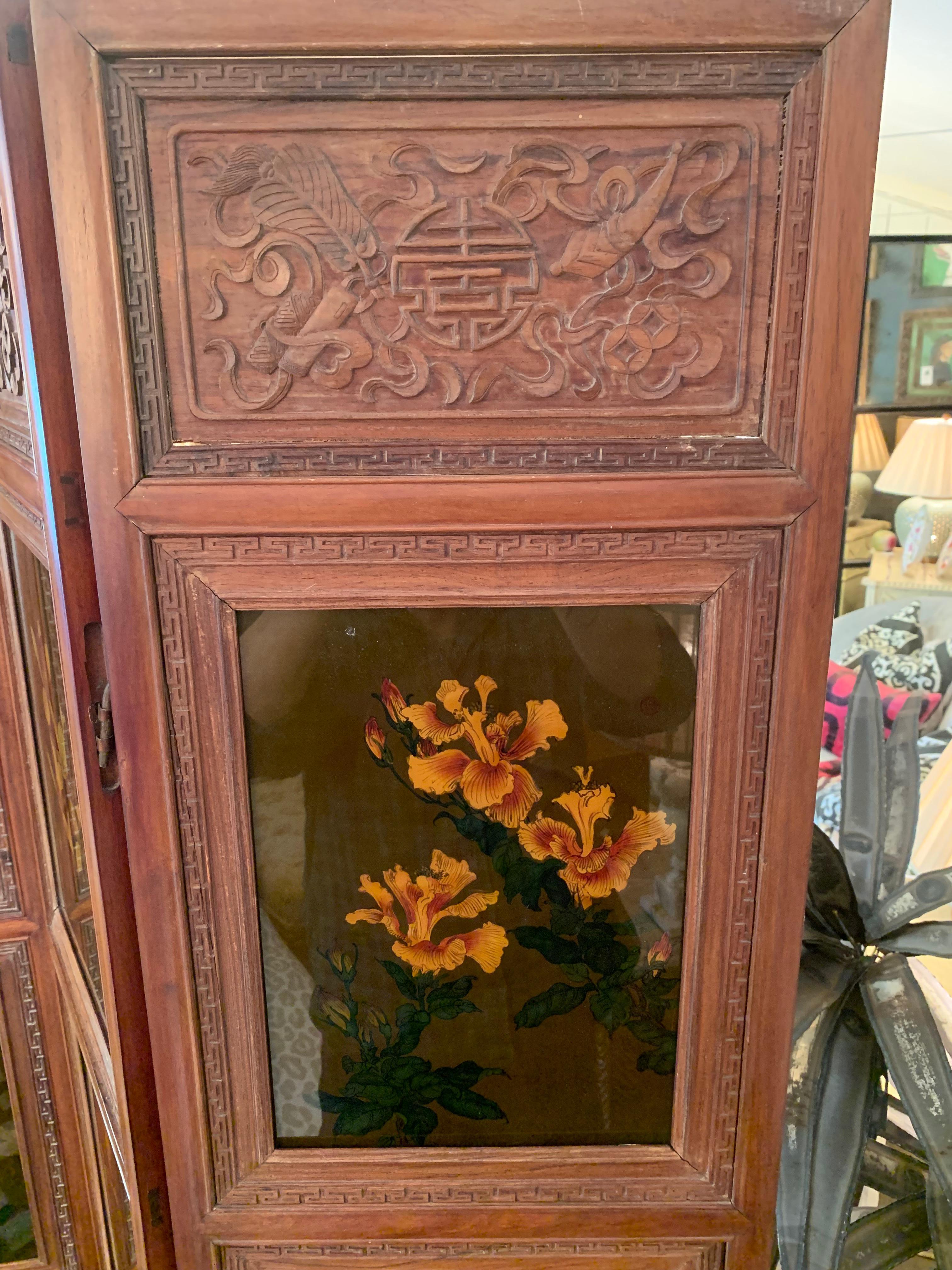 Truly Magnificent Large Carved Wood Hong Kong Screen with Paintings on Glass In Excellent Condition In Hopewell, NJ