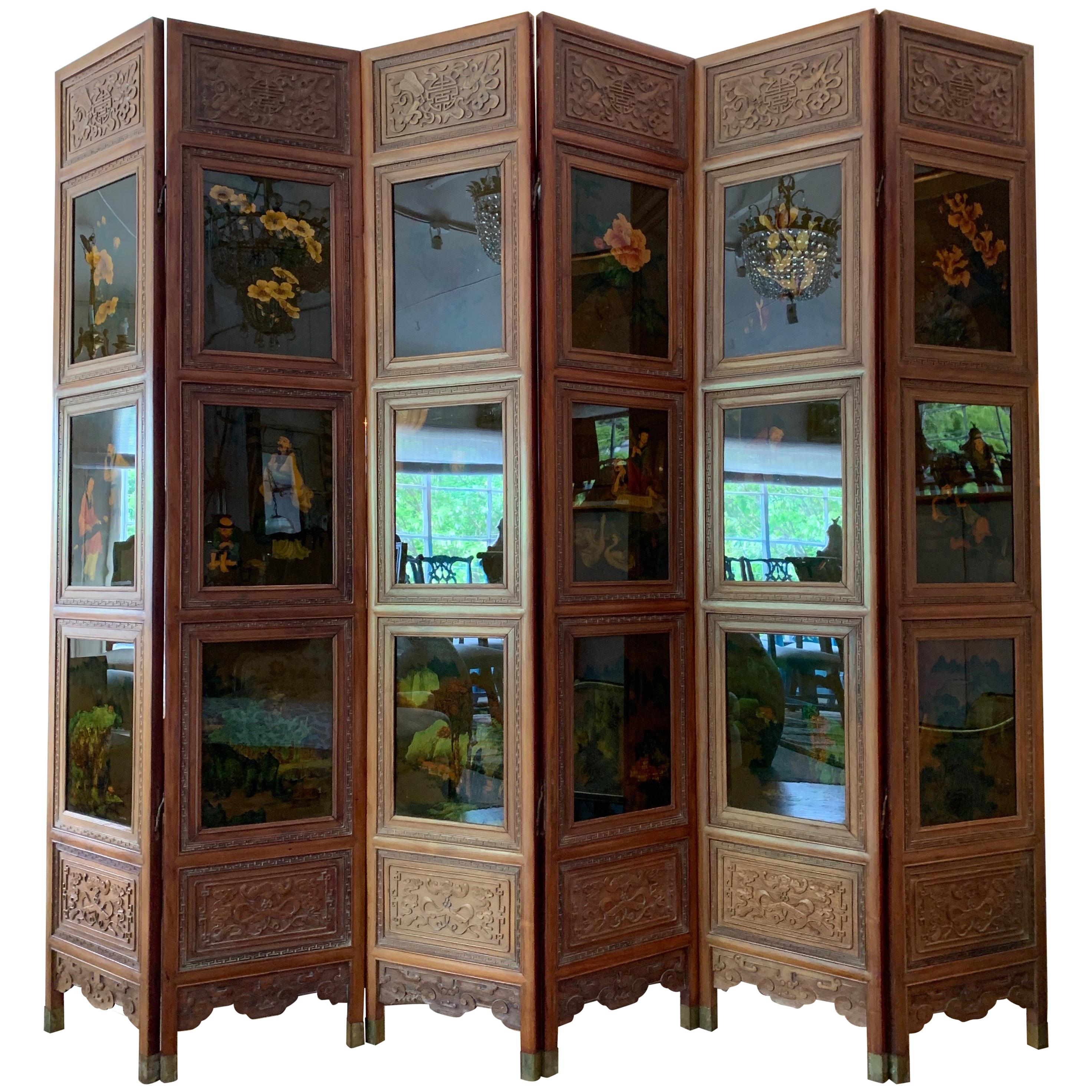 Truly Magnificent Large Carved Wood Hong Kong Screen with Paintings on Glass