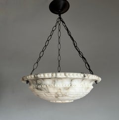 Truly Marble-Like Art Deco White Alabaster Pendant Light with Greek Key Pattern