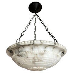 Antique Truly Marble-Like Art Deco White Alabaster Pendant Light with Greek Key Pattern
