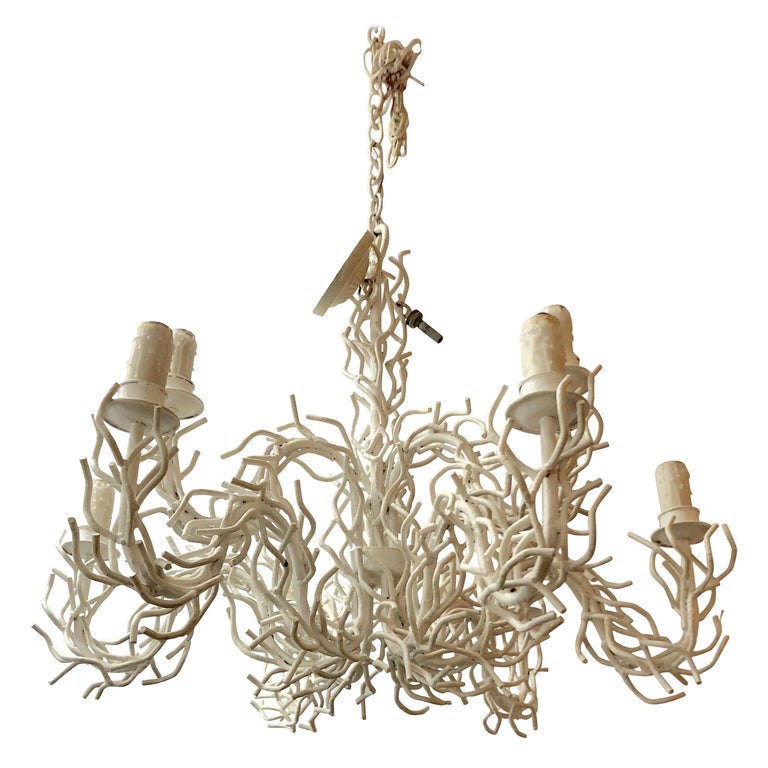 White-Iron Faux-Coral Two-Tier Chandelier, 1950, Offered by Umbrella