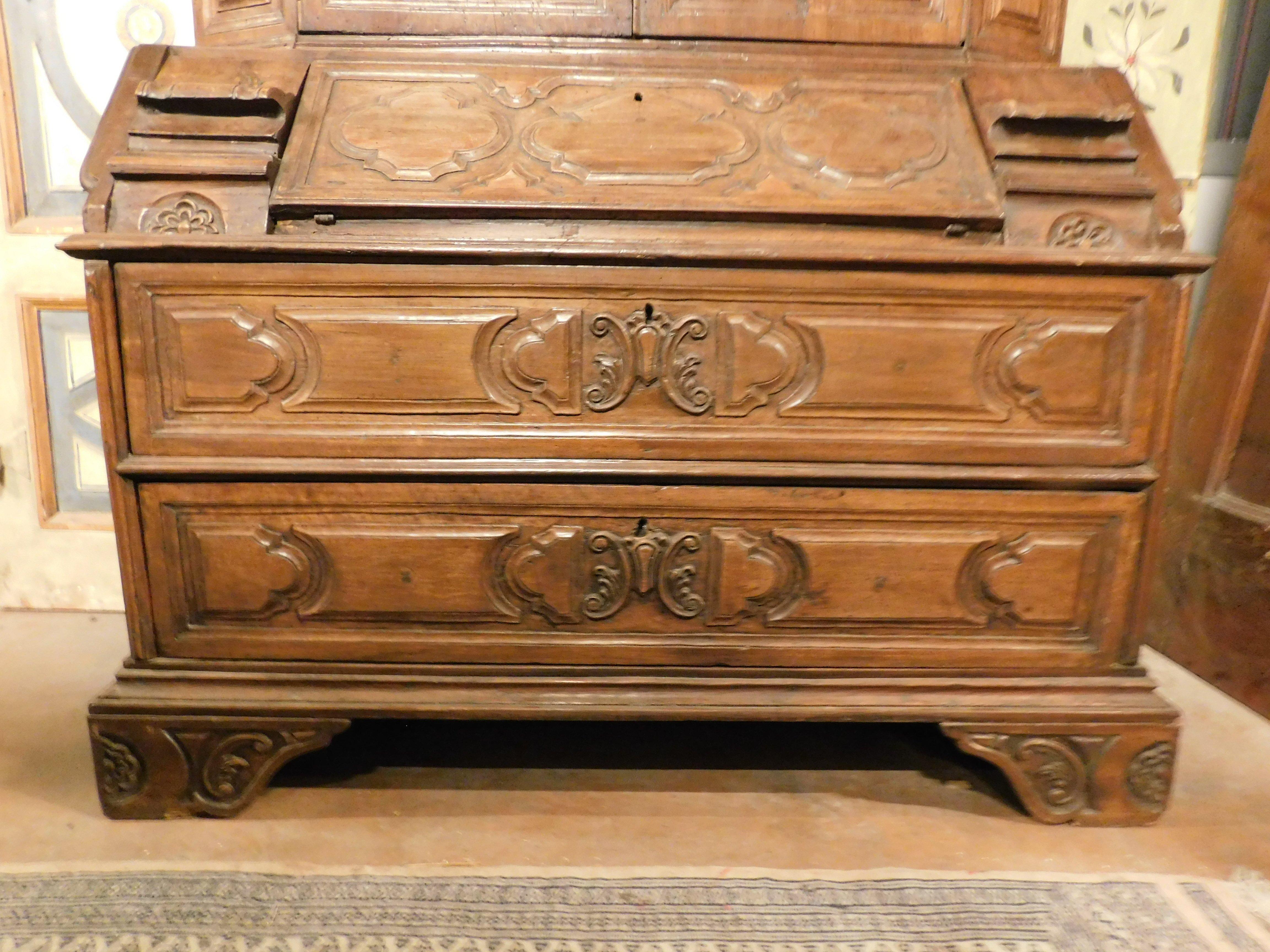 Hand-Carved Trumeau, double body in carved walnut with doors, flap and drawers, Italy For Sale