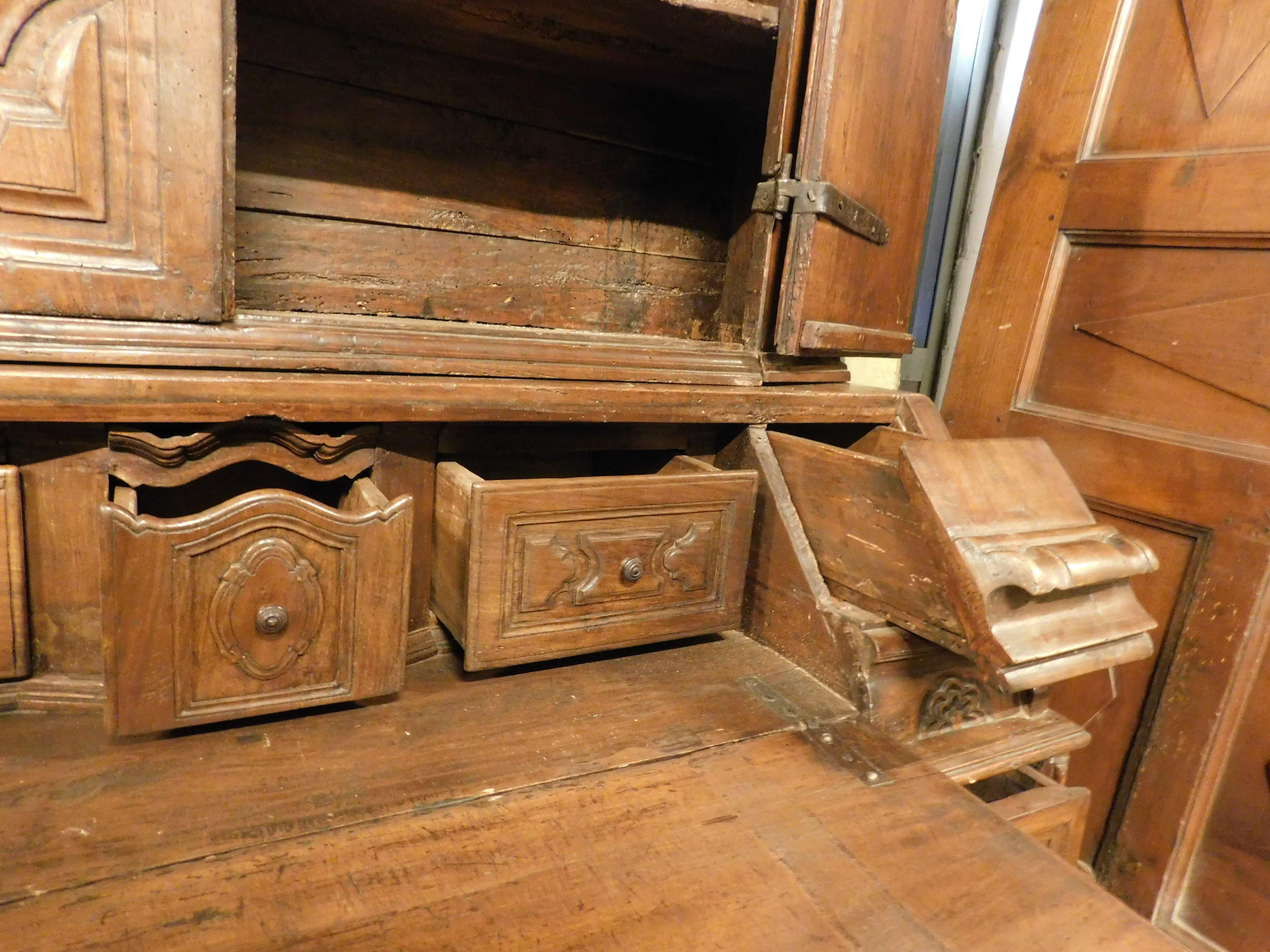 Trumeau, double body in carved walnut with doors, flap and drawers, Italy For Sale 1