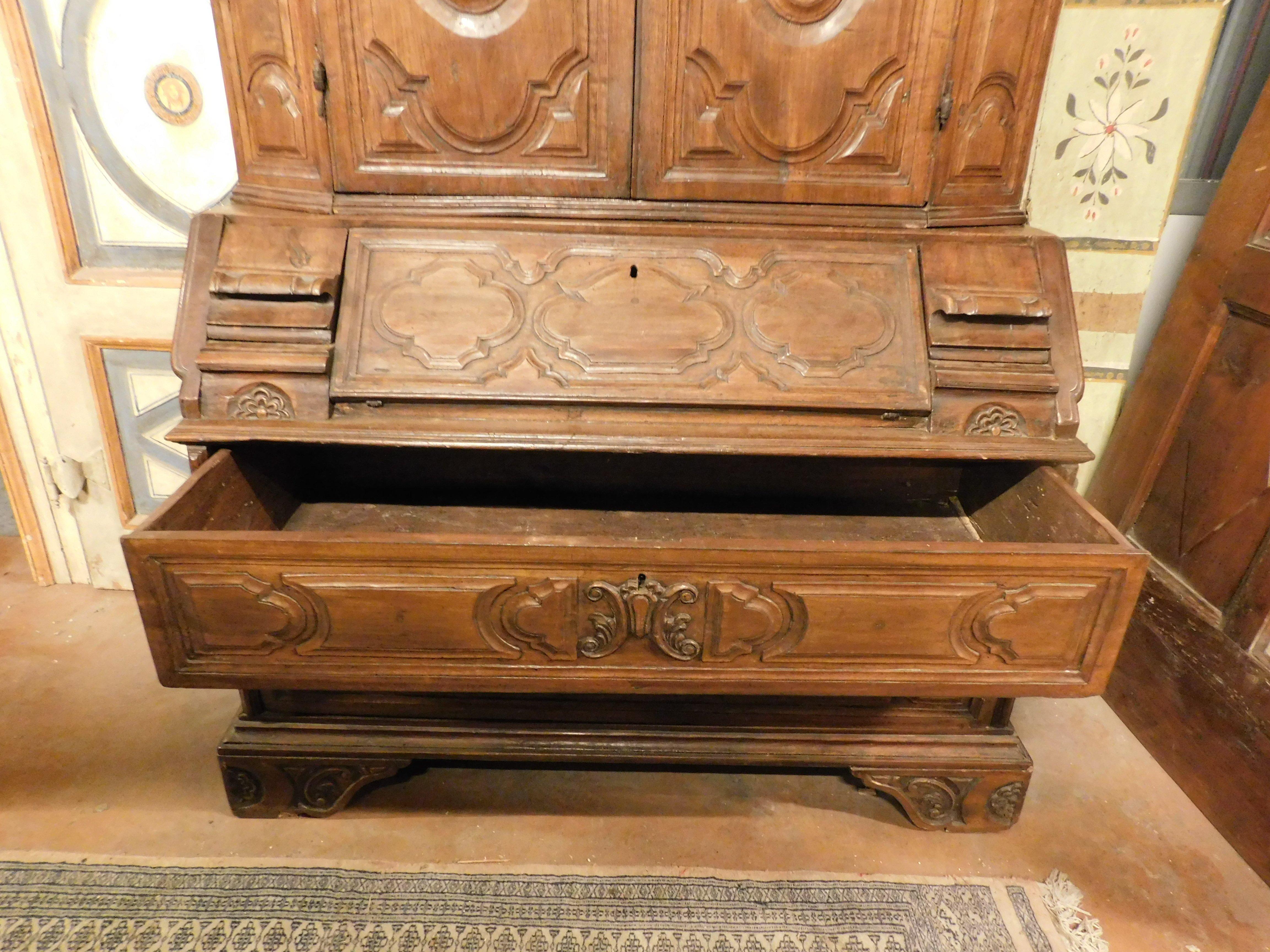 Trumeau, double body in carved walnut with doors, flap and drawers, Italy For Sale 2