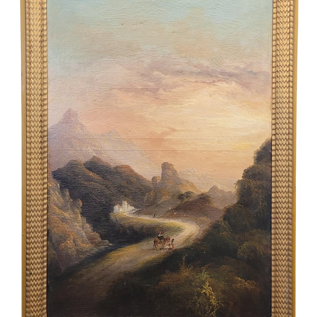 French Trumeau Frances Napoleon III, Mirror and oil on canvas “Landscape at sunset”