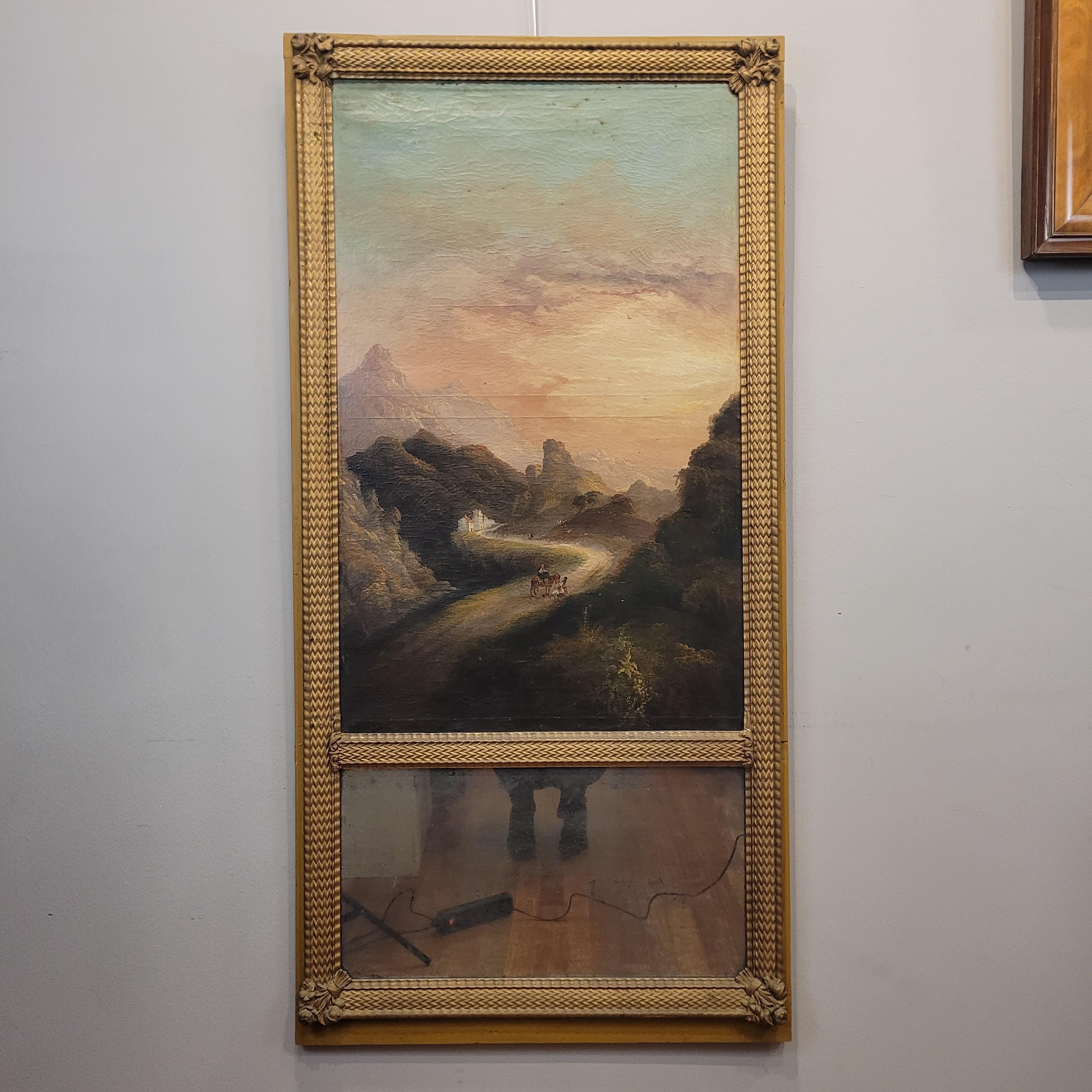 Hand-Crafted Trumeau Frances Napoleon III, Mirror and oil on canvas “Landscape at sunset”