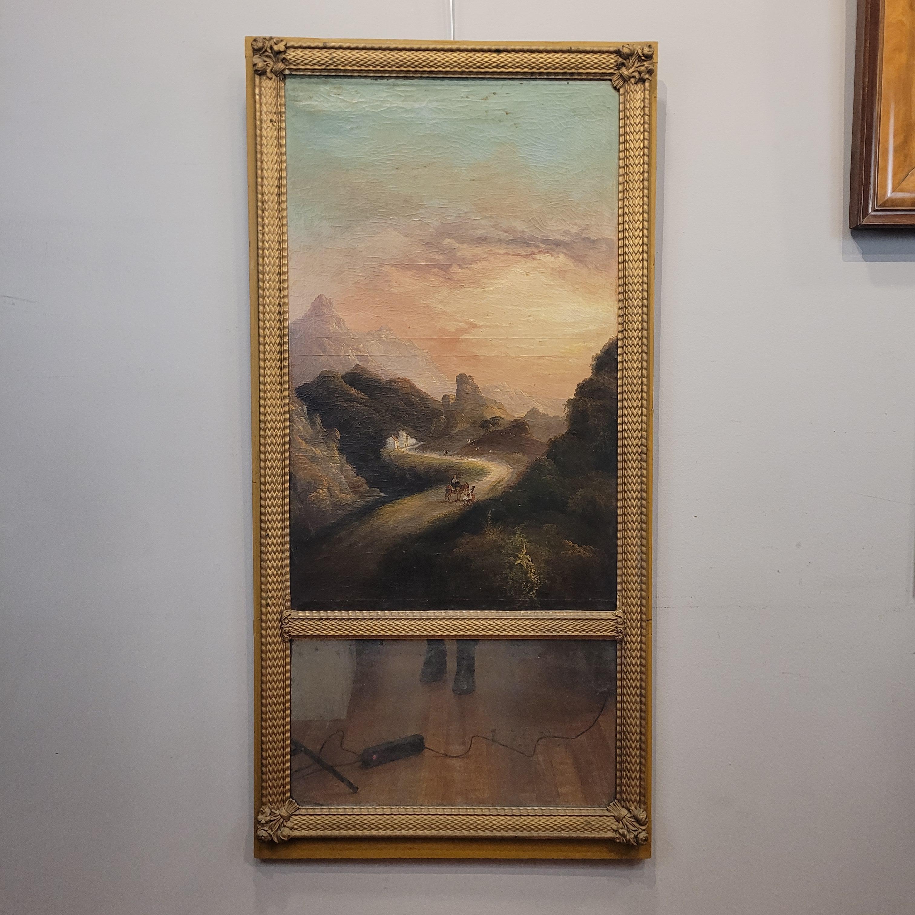 Trumeau Frances Napoleon III, Mirror and oil on canvas “Landscape at sunset” In Good Condition In Valladolid, ES