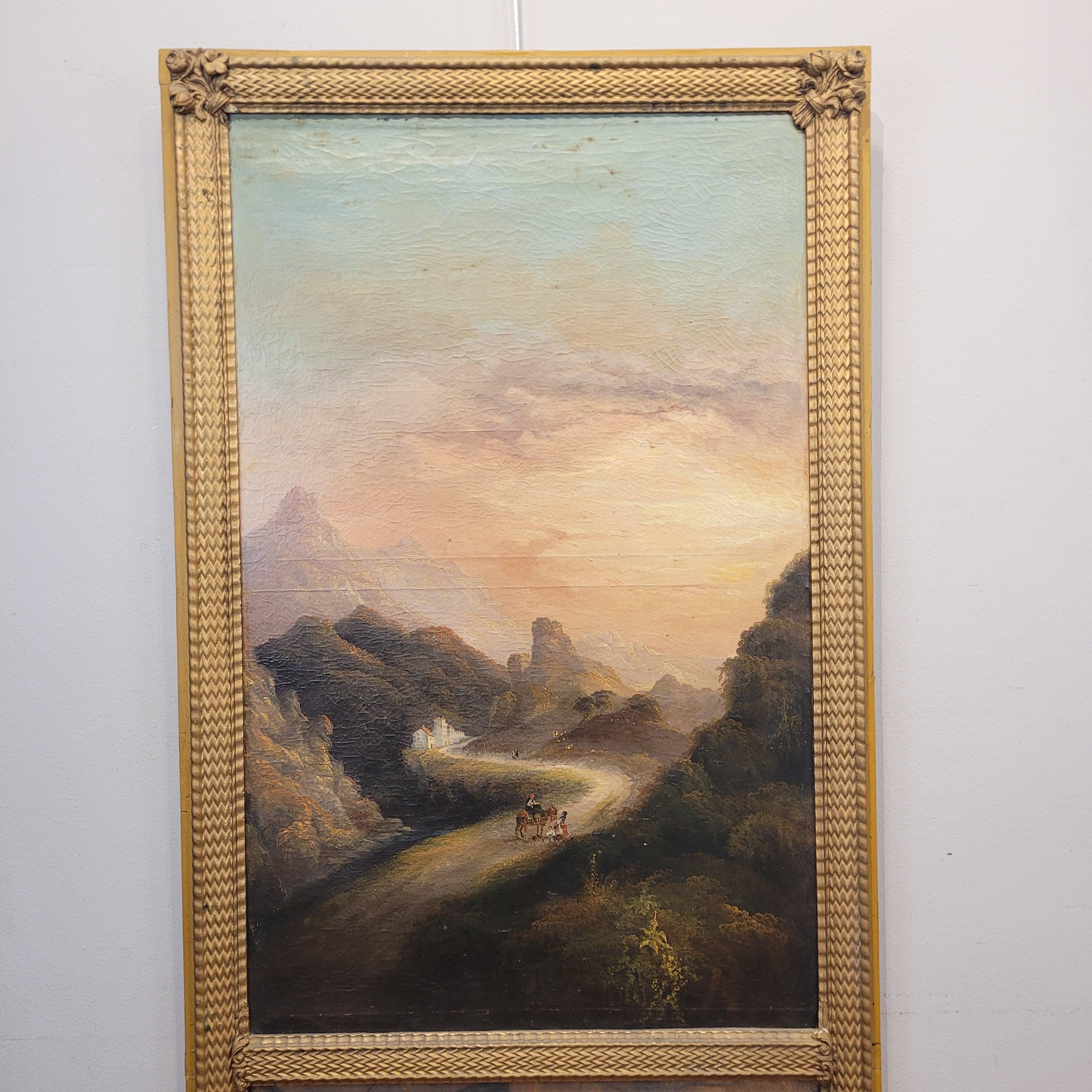 Late 19th Century Trumeau Frances Napoleon III, Mirror and oil on canvas “Landscape at sunset”