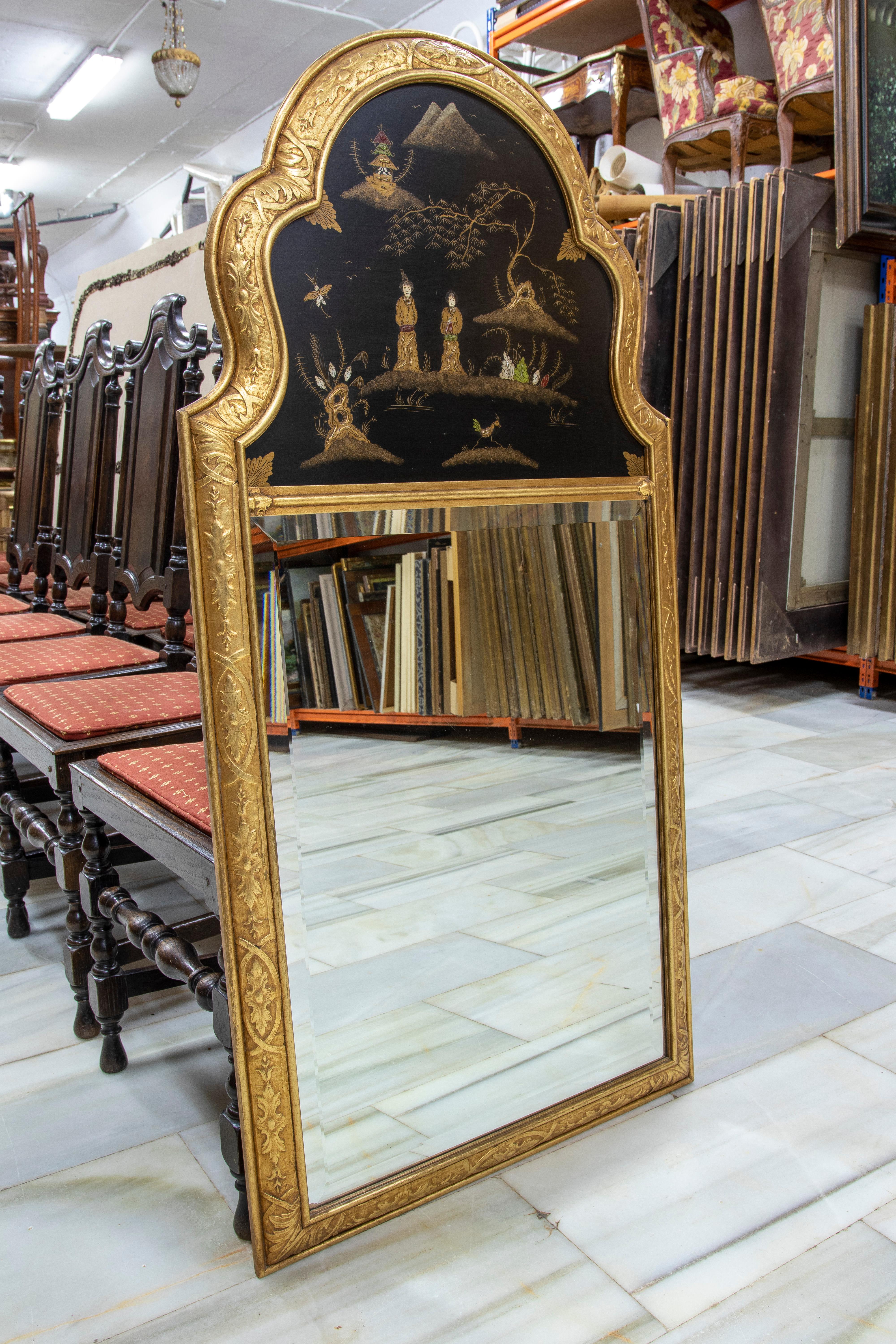 Asian Trumeau Gilded Wall Mirror with Hand-Painted Scenes For Sale